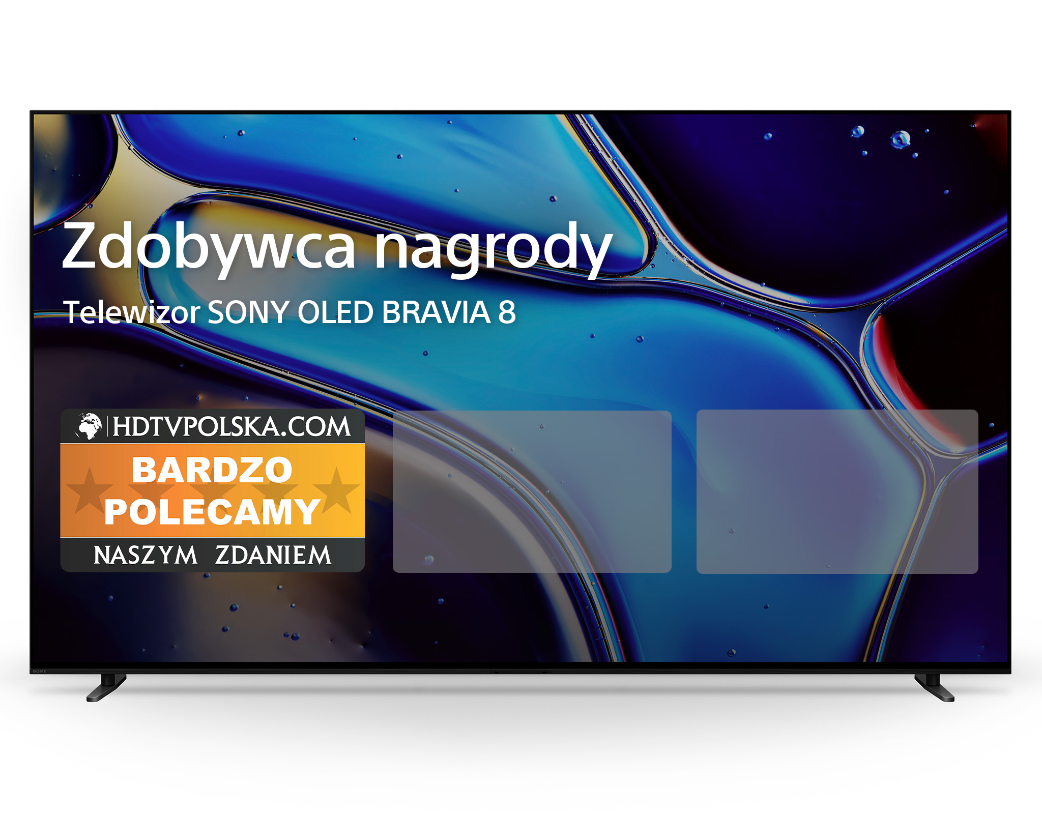 Telewizor Sony OLED z nagrodami na ekranie. Telewizor jest czarny ze stojakiem. Tło to niebiesko-żółty wzór.