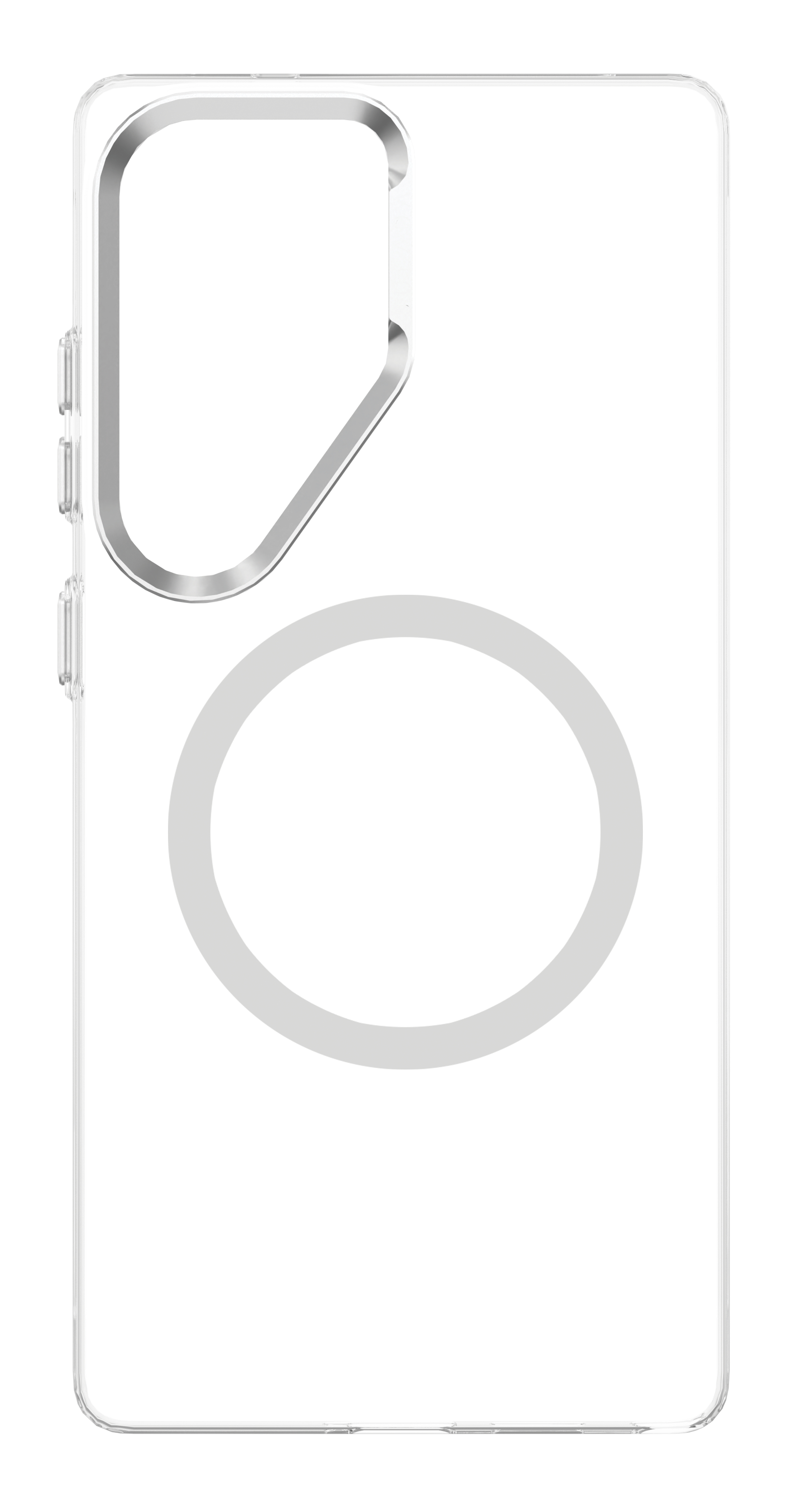 Eine transparente Handyhülle mit kreisförmigem MagSafe und Kameraausschnitt.