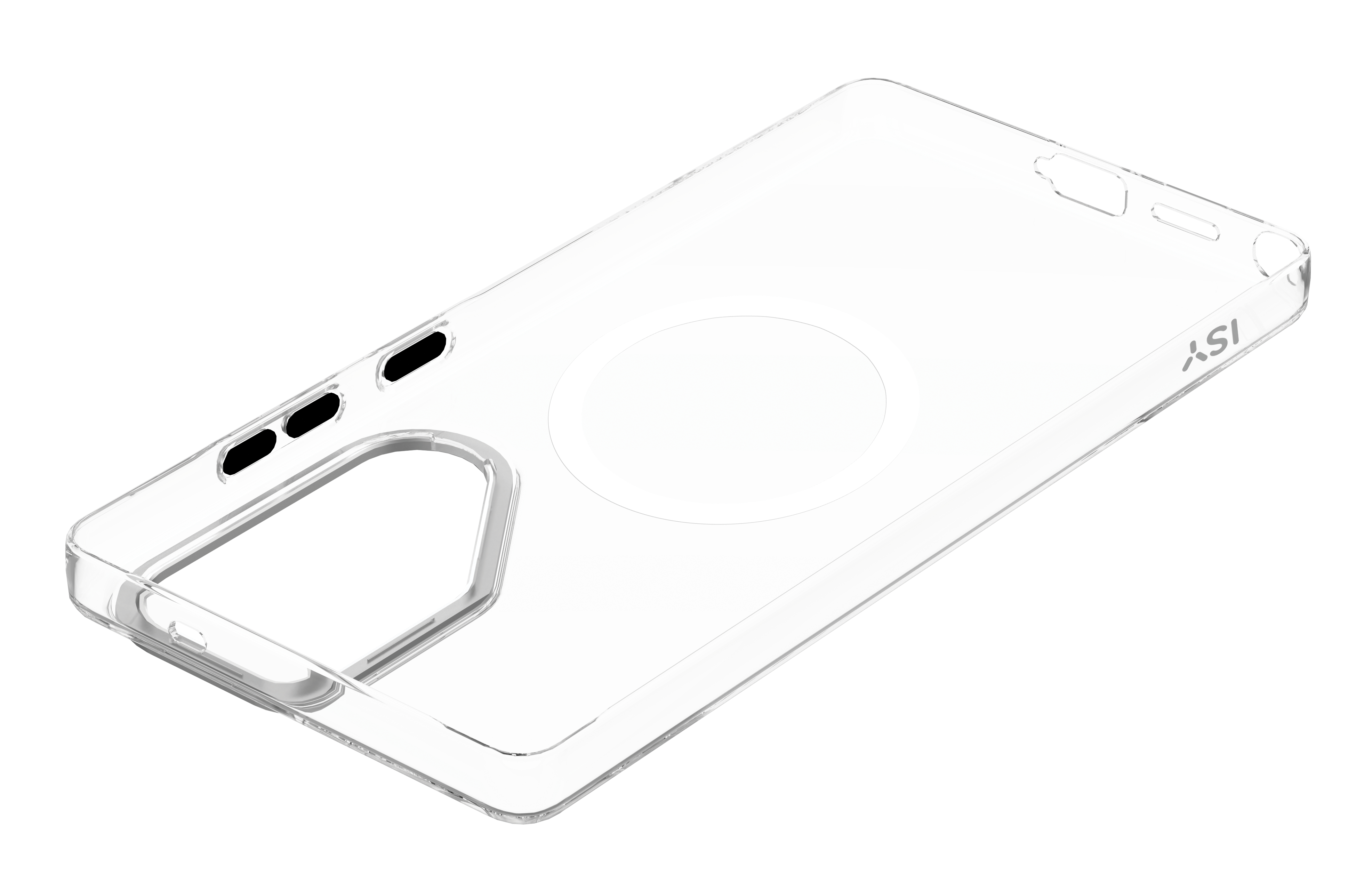 Transparente Handyhülle mit kreisförmiger MagSafe-Ladefläche, auf weißem Hintergrund.