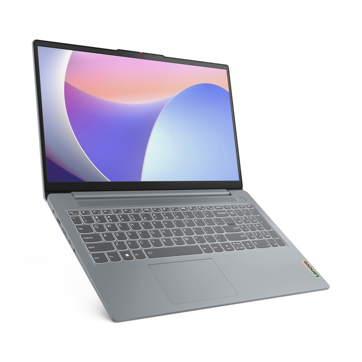 Laptop argentato su sfondo bianco, aperto, che mostra schermo e tastiera.