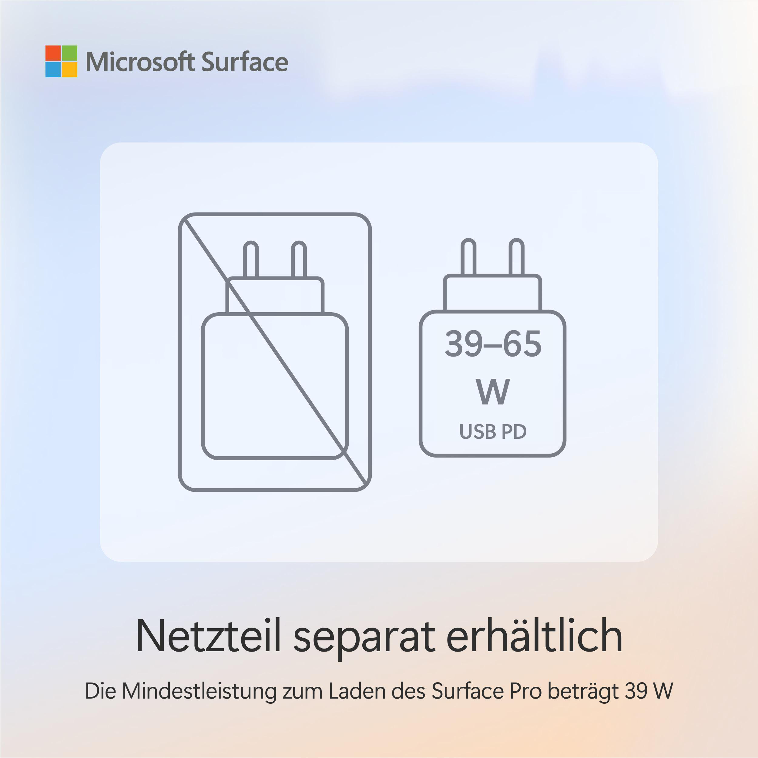 Illustration zeigt Netzteil, durchgestrichen, und kompatibles USB-PD-Ladegerät.
