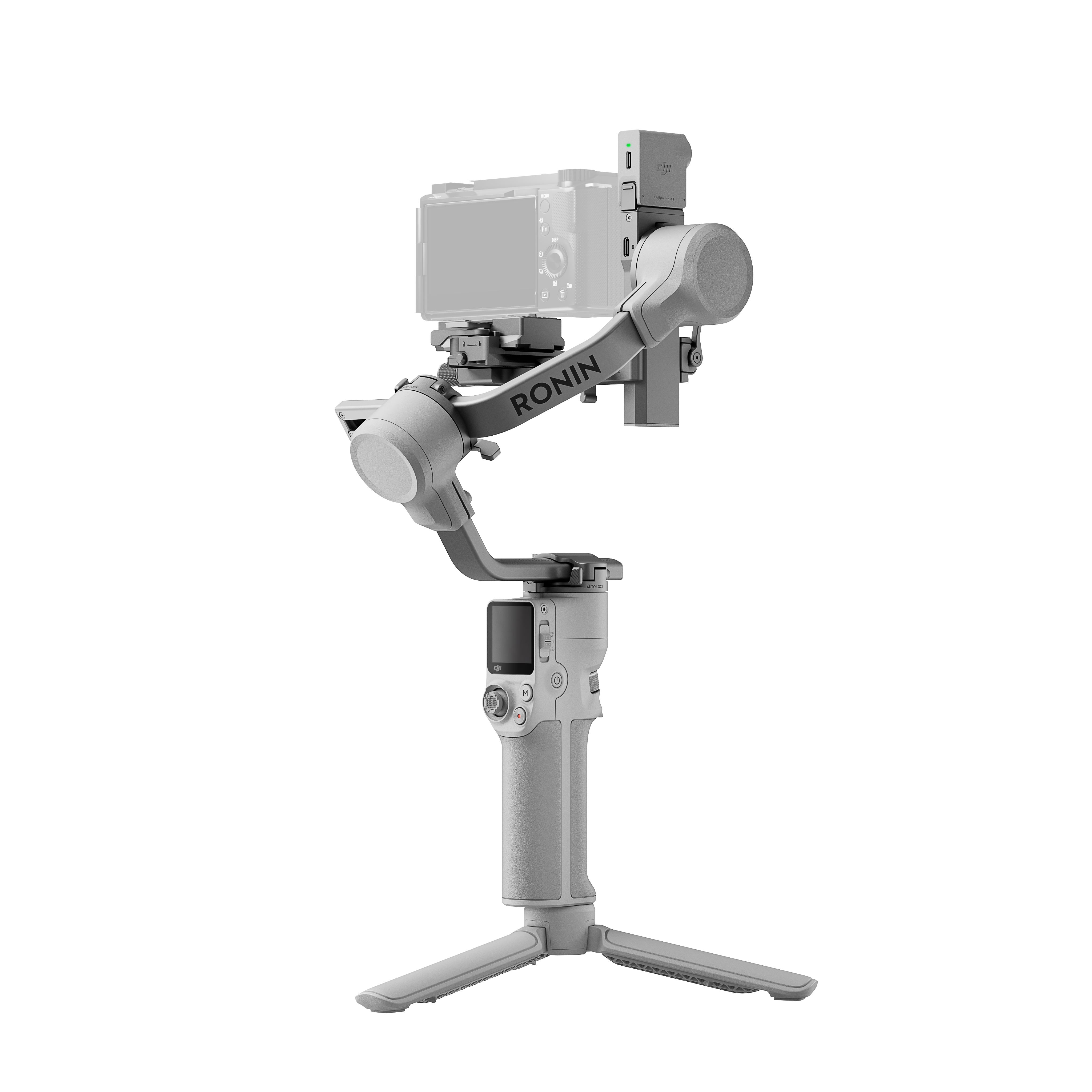 Graues Kamera-Setup mit Stativ auf schwarzem Hintergrund.