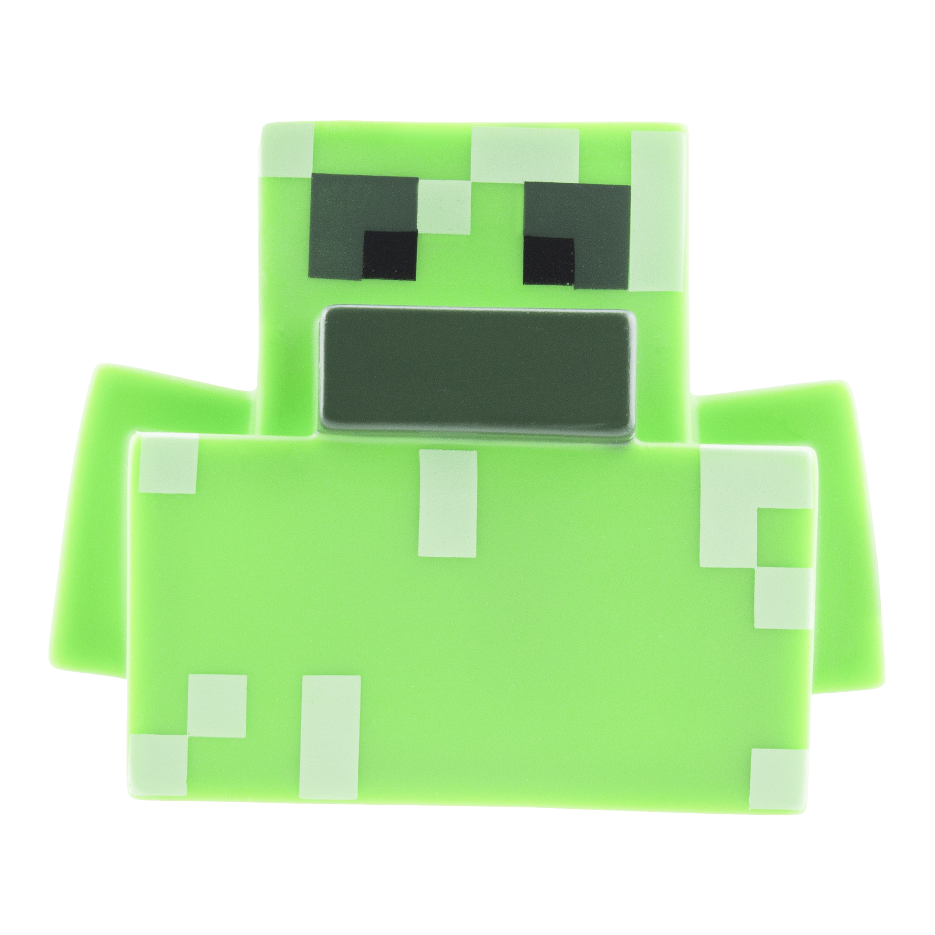 Grünes Minecraft Creeper Spielzeug vor weißem Hintergrund, Vorderansicht.