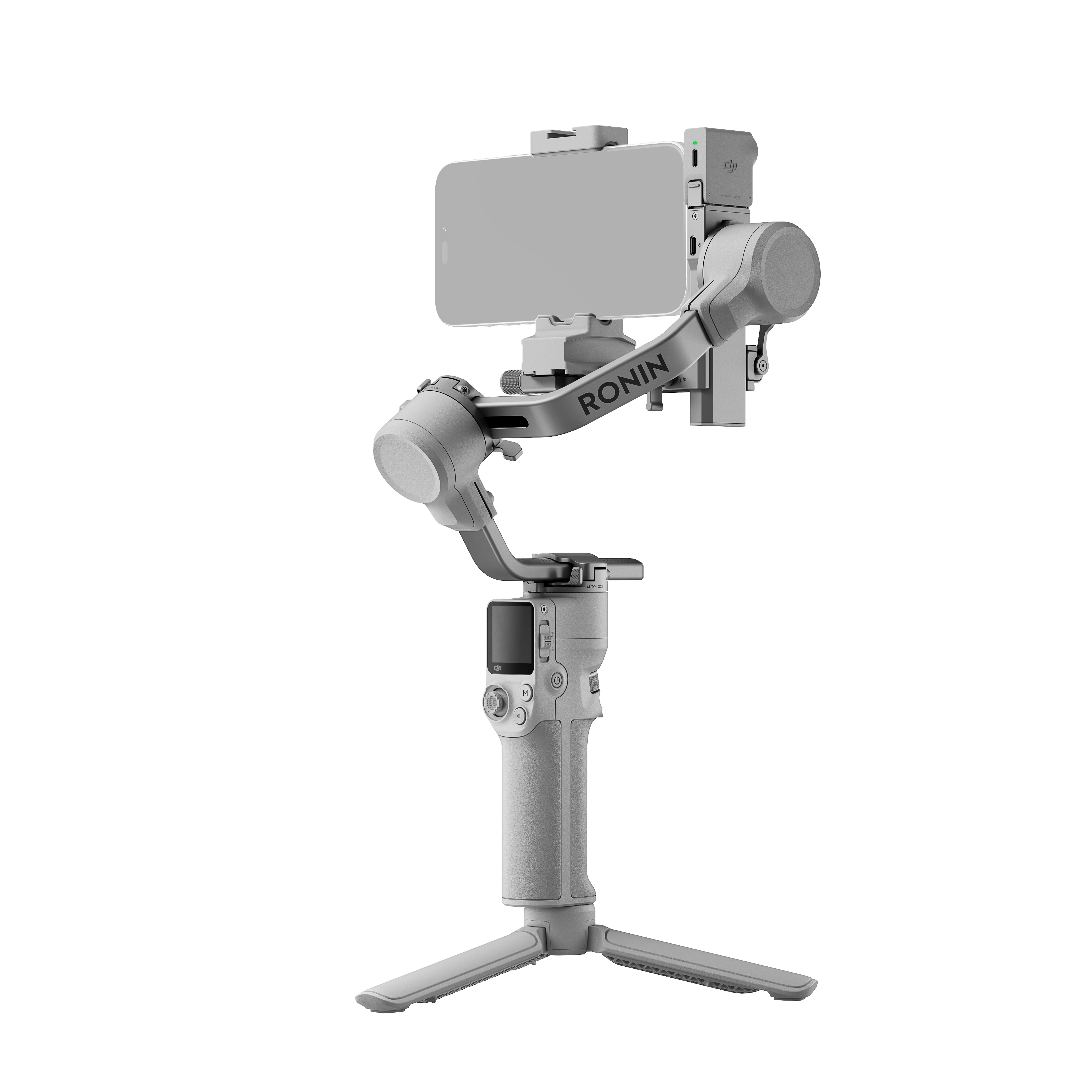 Weißes Gimbal mit befestigtem Telefon auf schwarzem Hintergrund.