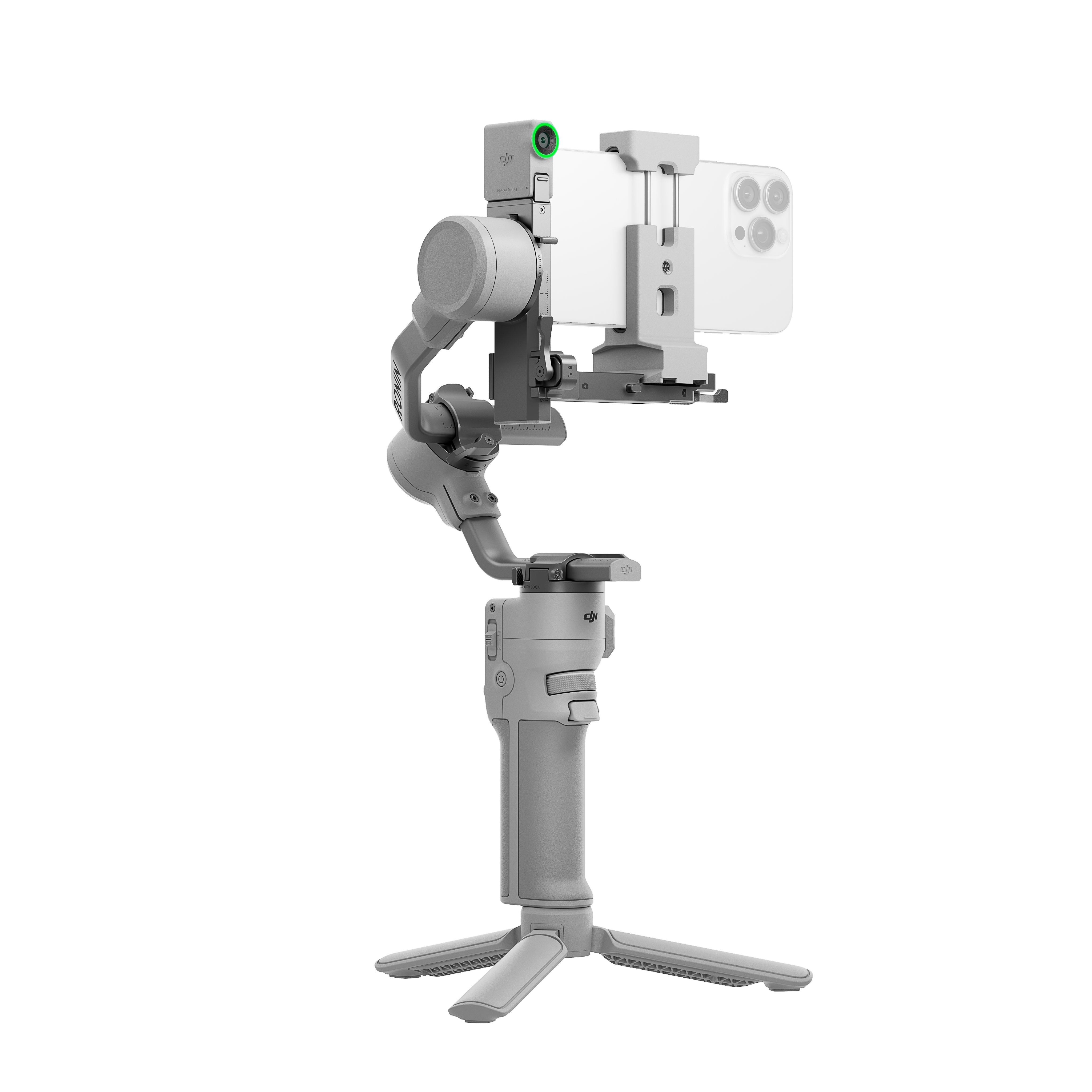 Grauer Telefonstabilisator mit Telefon, auf Stativ, schwarzer Hintergrund.