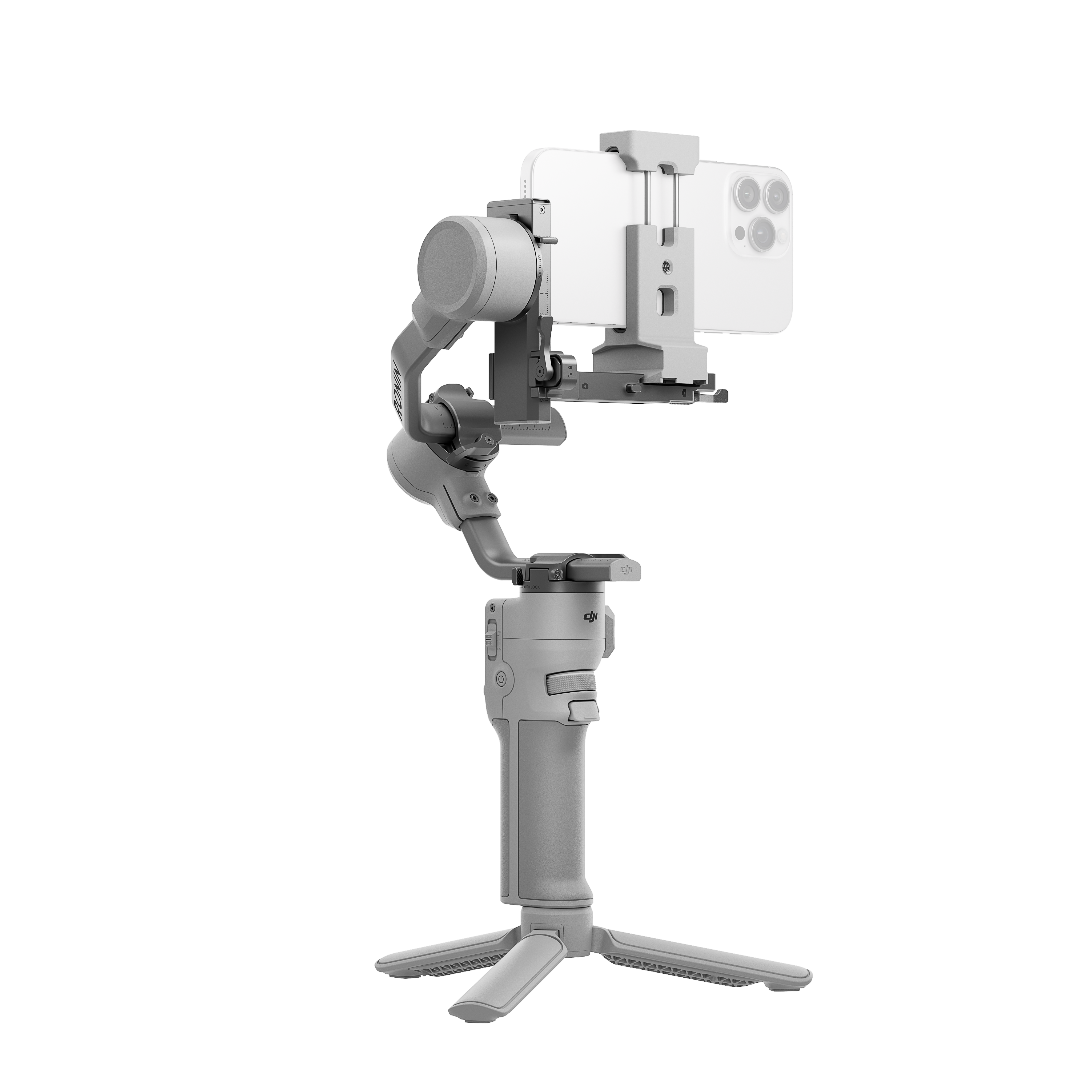 Ein graues Telefon ist an einem Gimbal befestigt, das sich auf einem Stativ vor schwarzem Hintergrund befindet.