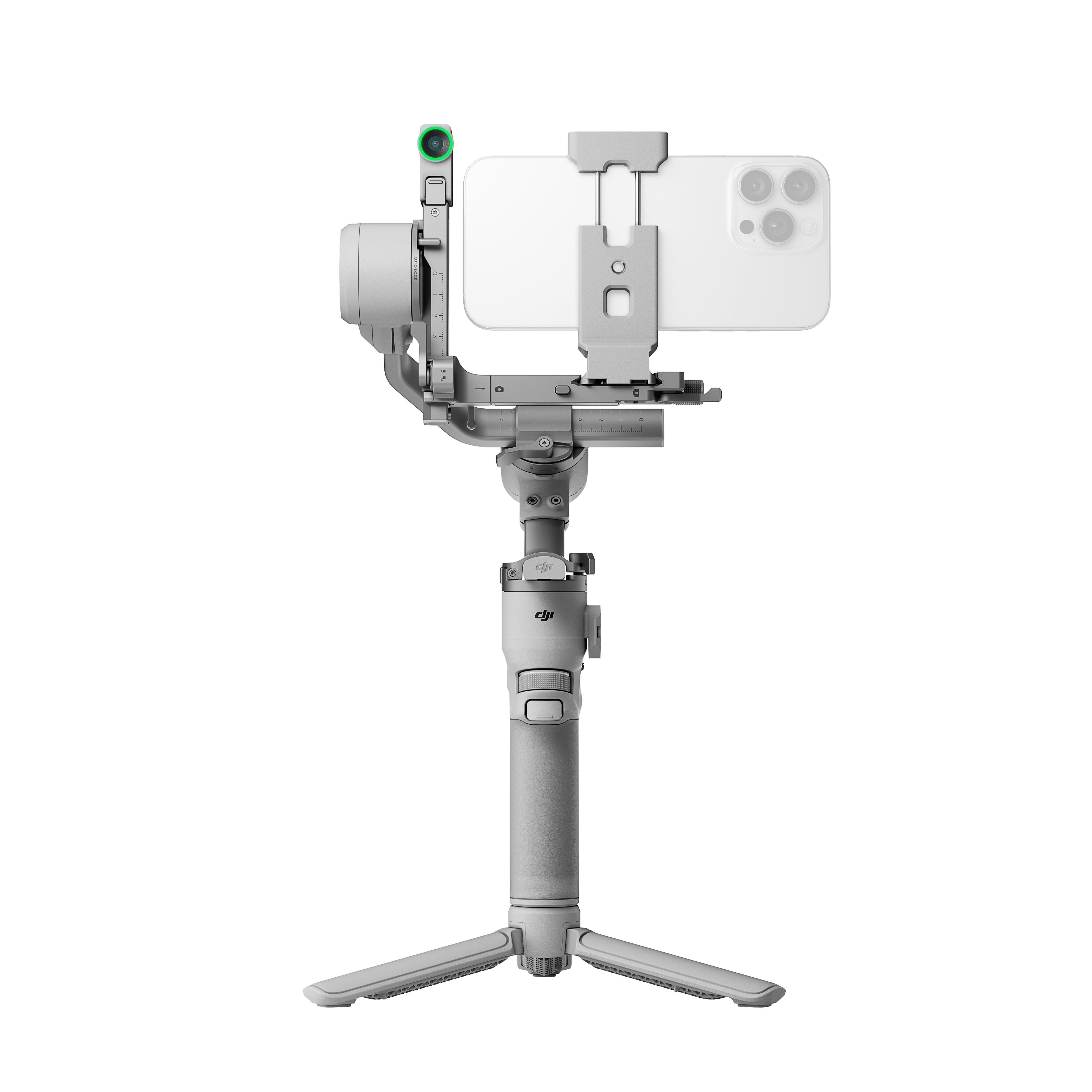 Ein grauer Handy-Gimbal mit befestigtem Telefon, schwarzer Hintergrund.