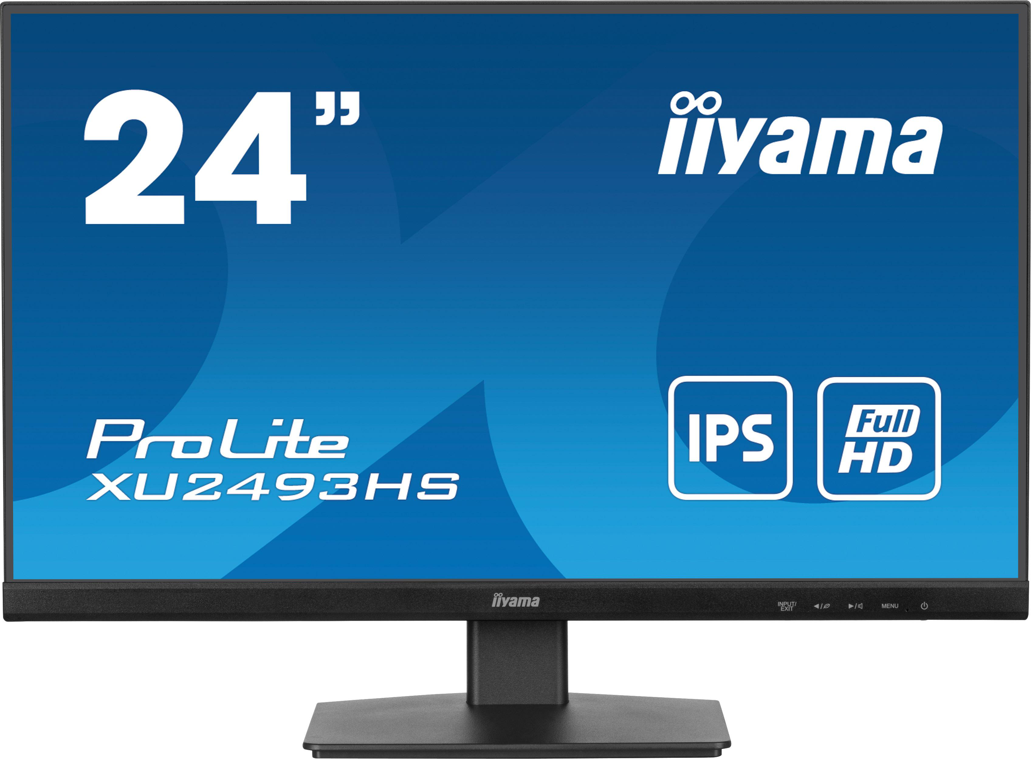 Schwarzer Computermonitor. Weißer Text auf dem Bildschirm. Schwarzer Ständer. Blauer Hintergrund.