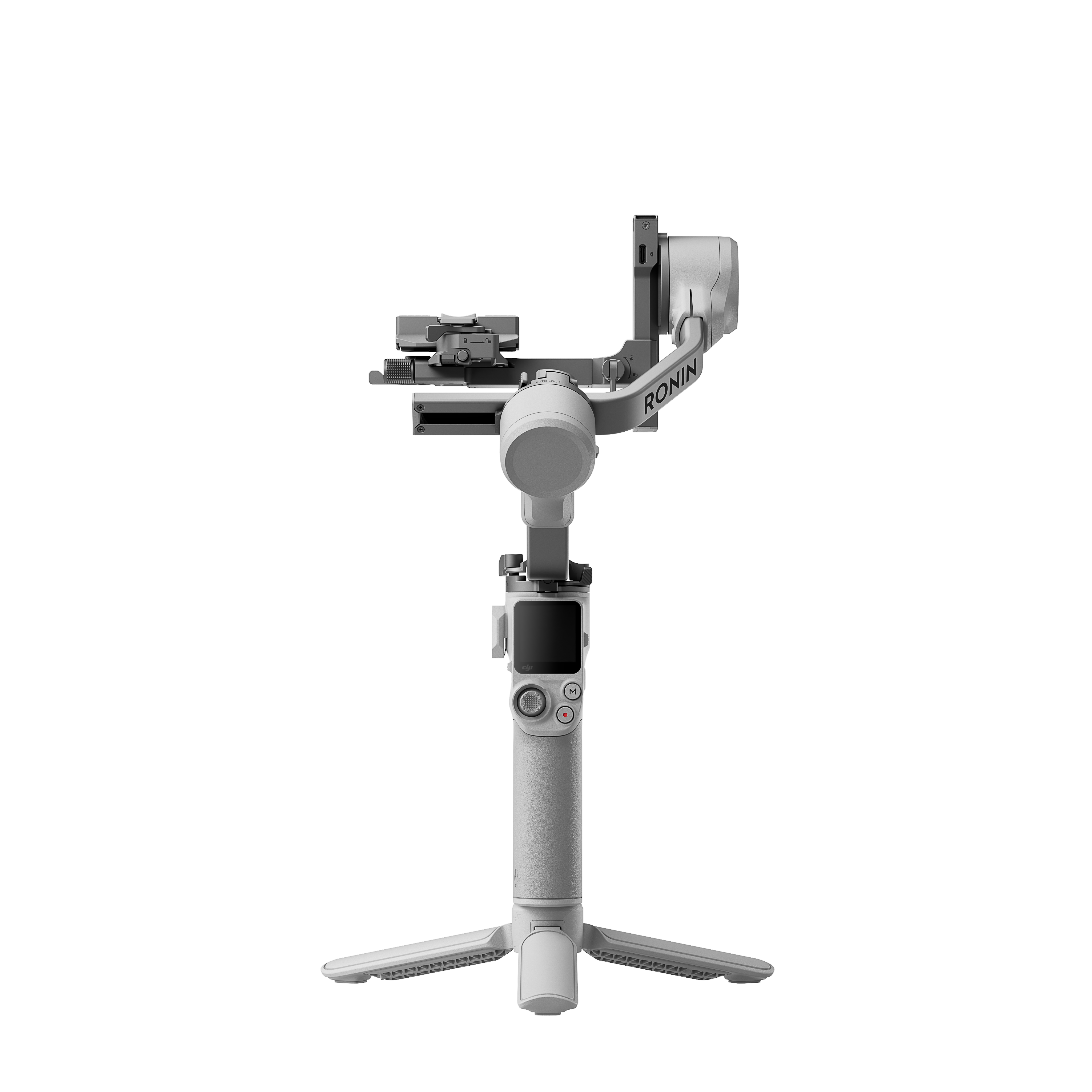 Weißer Gimbal-Stabilisator mit Stativbeinen auf schwarzem Hintergrund.