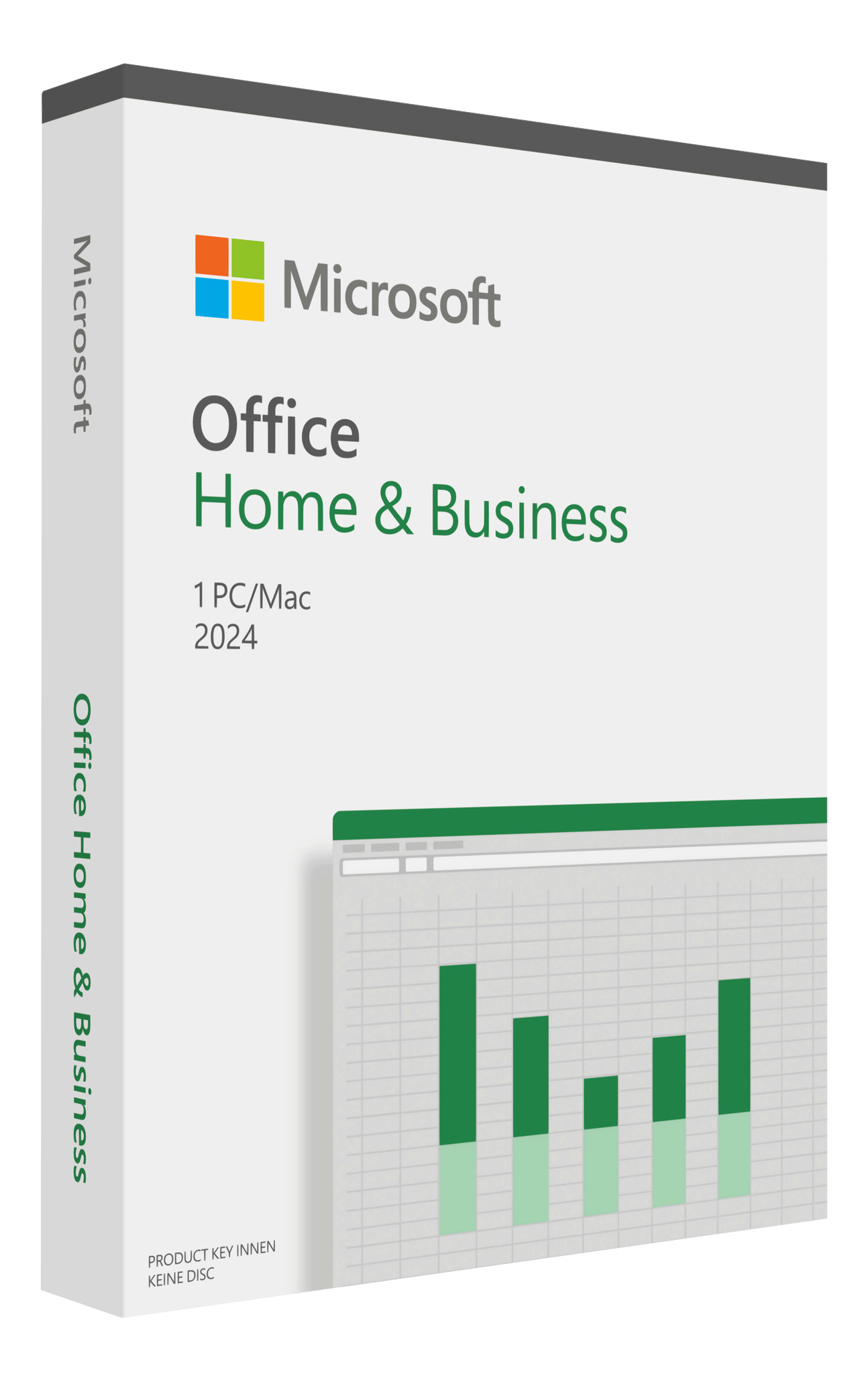 Eine Microsoft Office Home & Business Box mit grünem und weißem Design auf weißem Hintergrund.