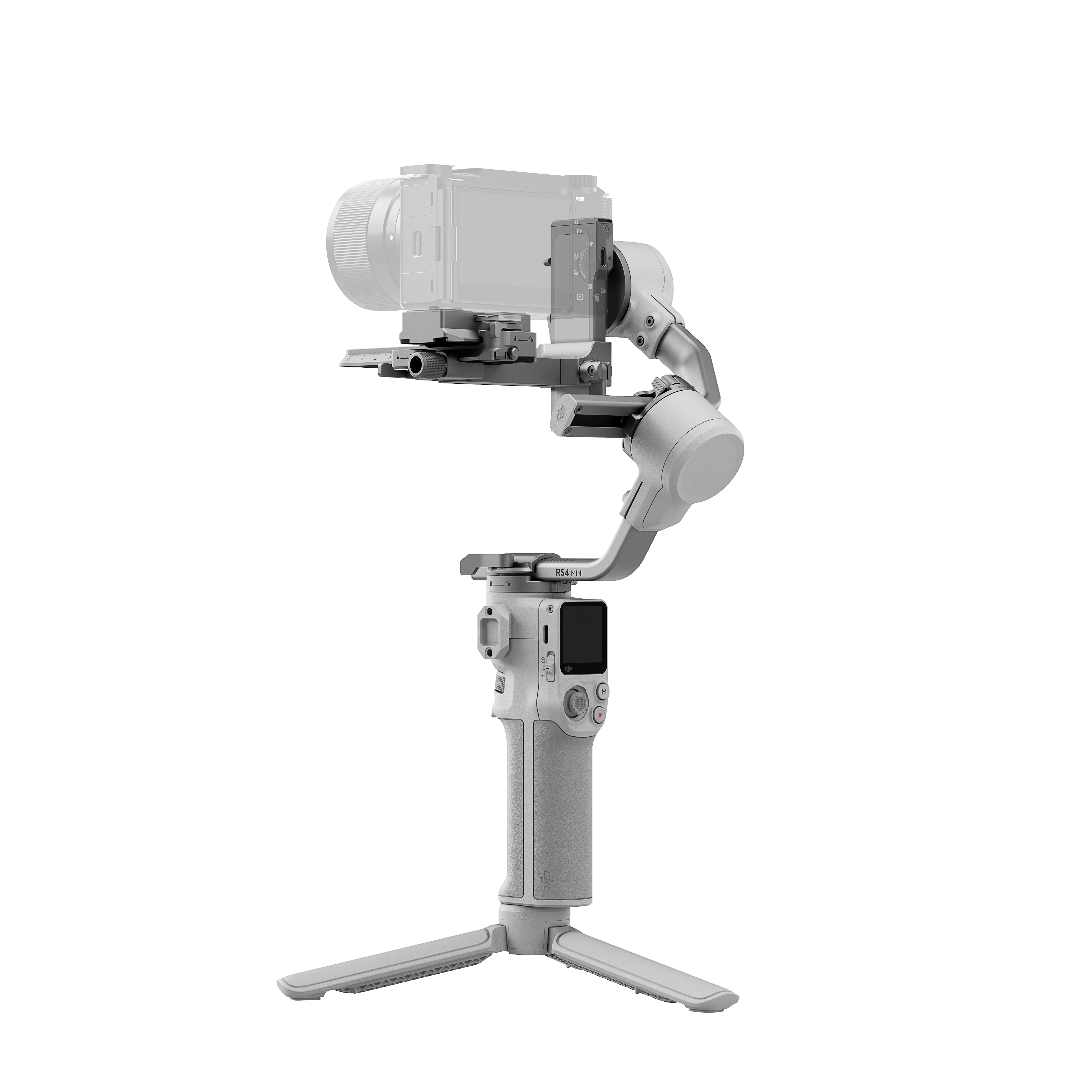 Weißes Gimbal mit Kamera und Telefon.