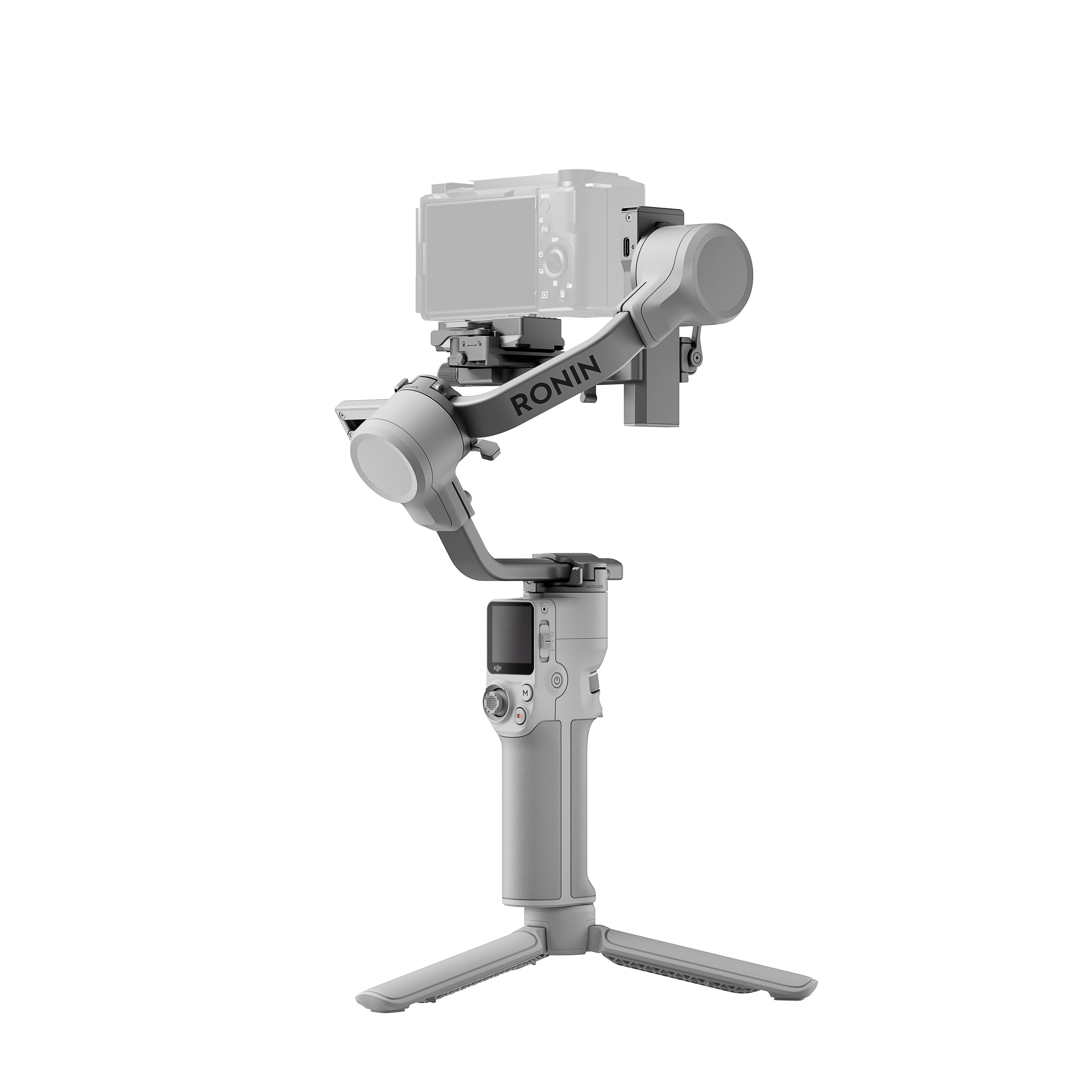 Ein weißer Gimbal-Stabilisator mit angebrachter Kamera auf schwarzem Hintergrund.