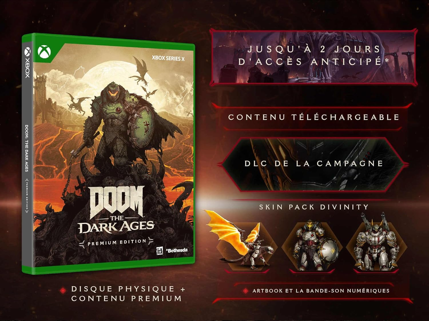 Une vue latérale d'une boîte de jeu avec le titre DOOM THE DARK AGES et l'édition premium.