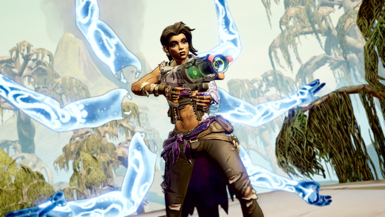 Eine weibliche Figur aus einem Videospiel, die eine Waffe hält und von blauer Energie umgeben ist.