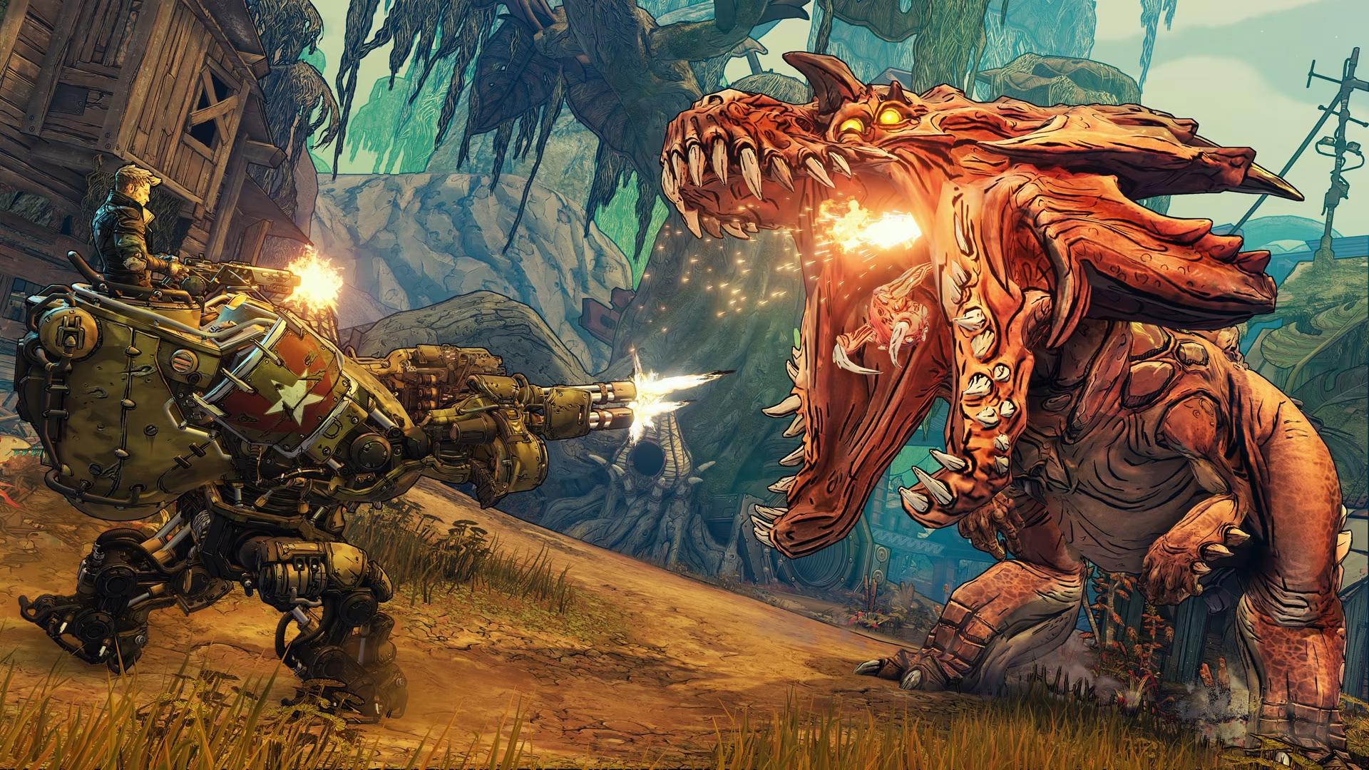 Figur in einem Mech schießt auf ein Monster. Das Monster ist orange und hat viele Zähne. Der Hintergrund ist ein Wald.