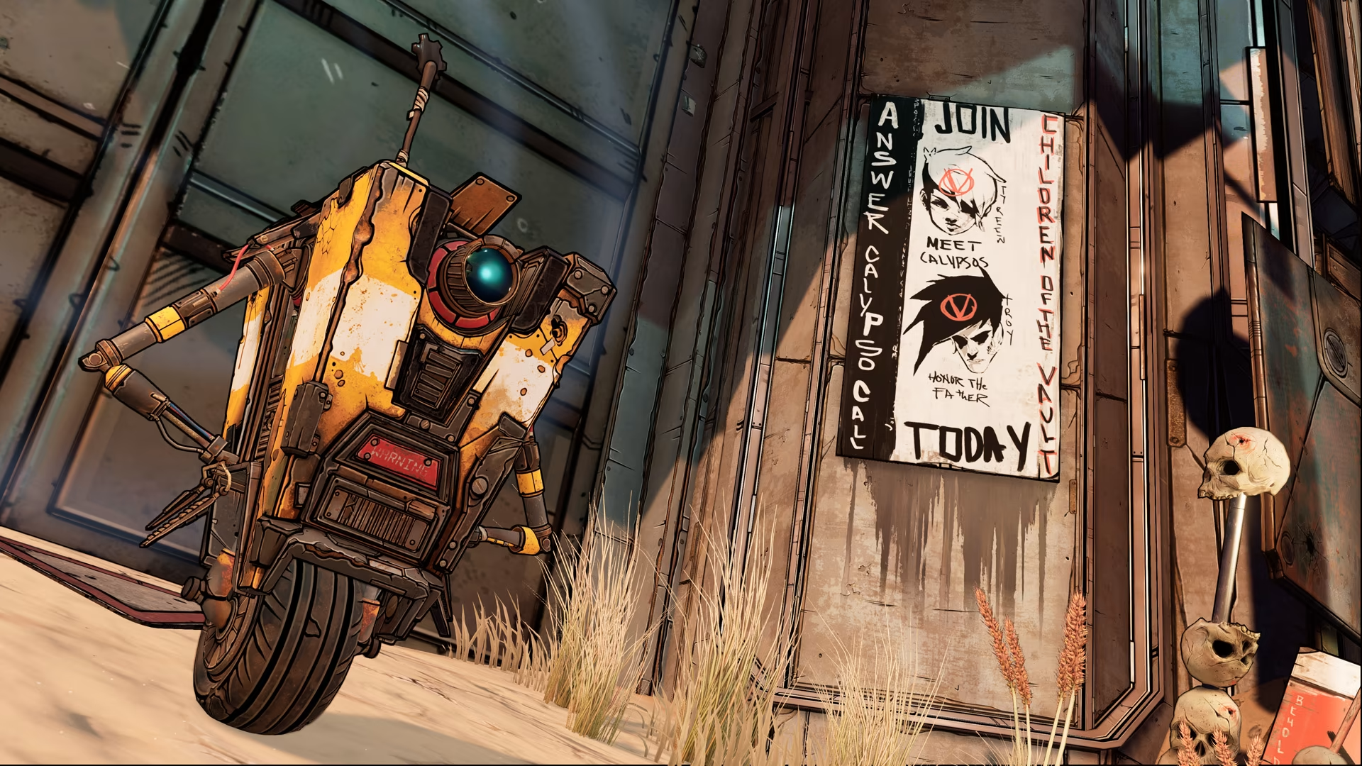 Ein Borderlands-Roboter mit blauem Auge, in der Nähe einer Wand mit einem Poster „Join the Children of the Vault“.