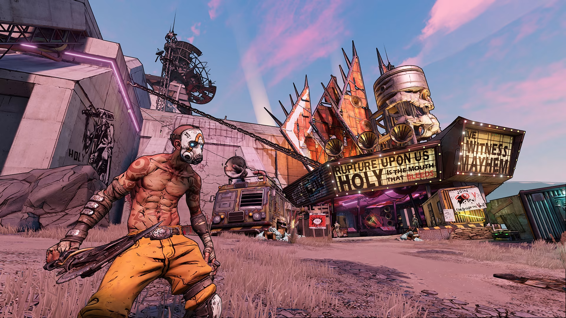 Eine Figur aus dem Spiel Borderlands steht vor einem Gebäude mit Schildern.