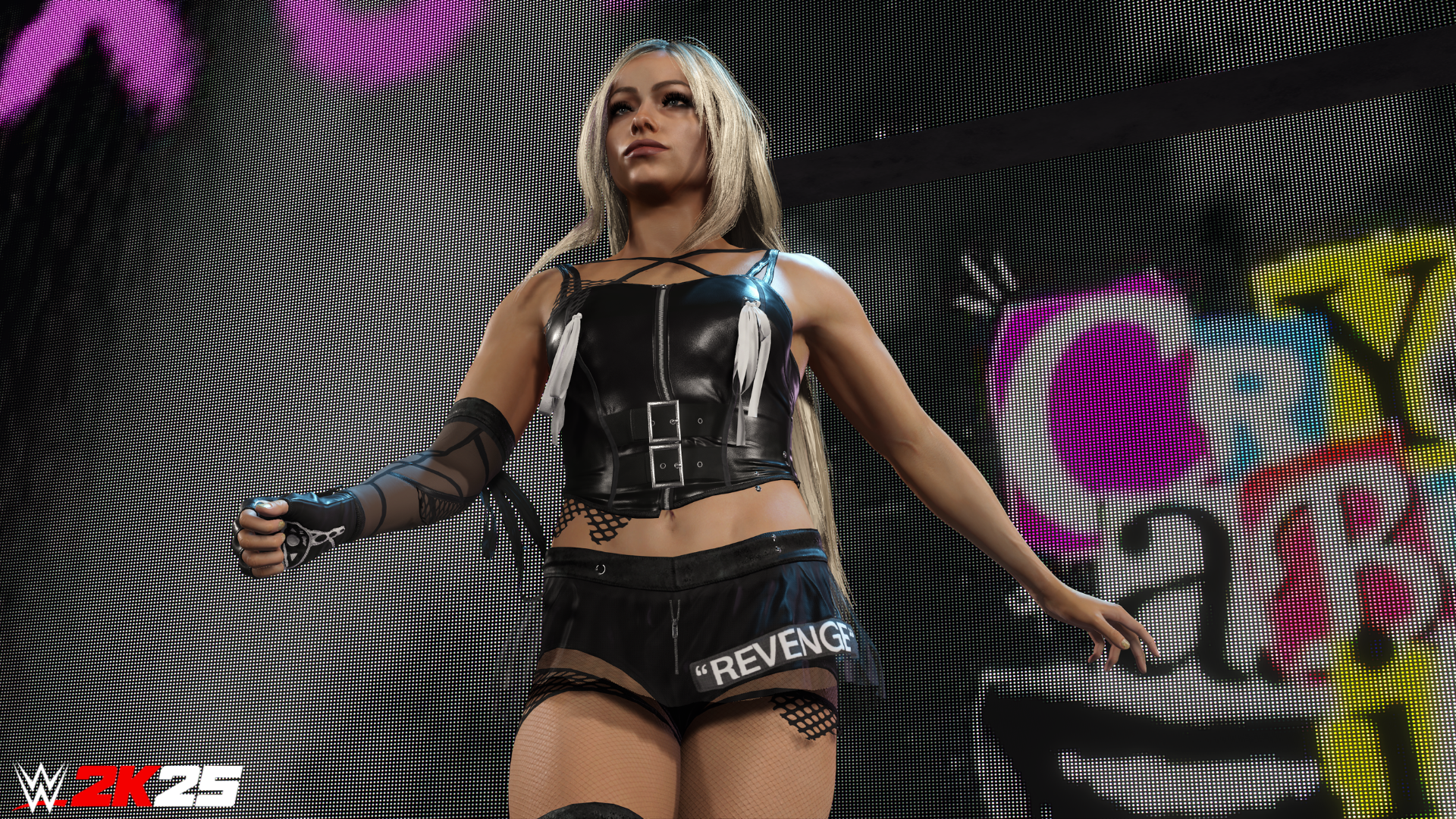 Una lottatrice cammina in avanti. Lo striscione dice WWE 2K25. Lo sfondo è un muro di graffiti.