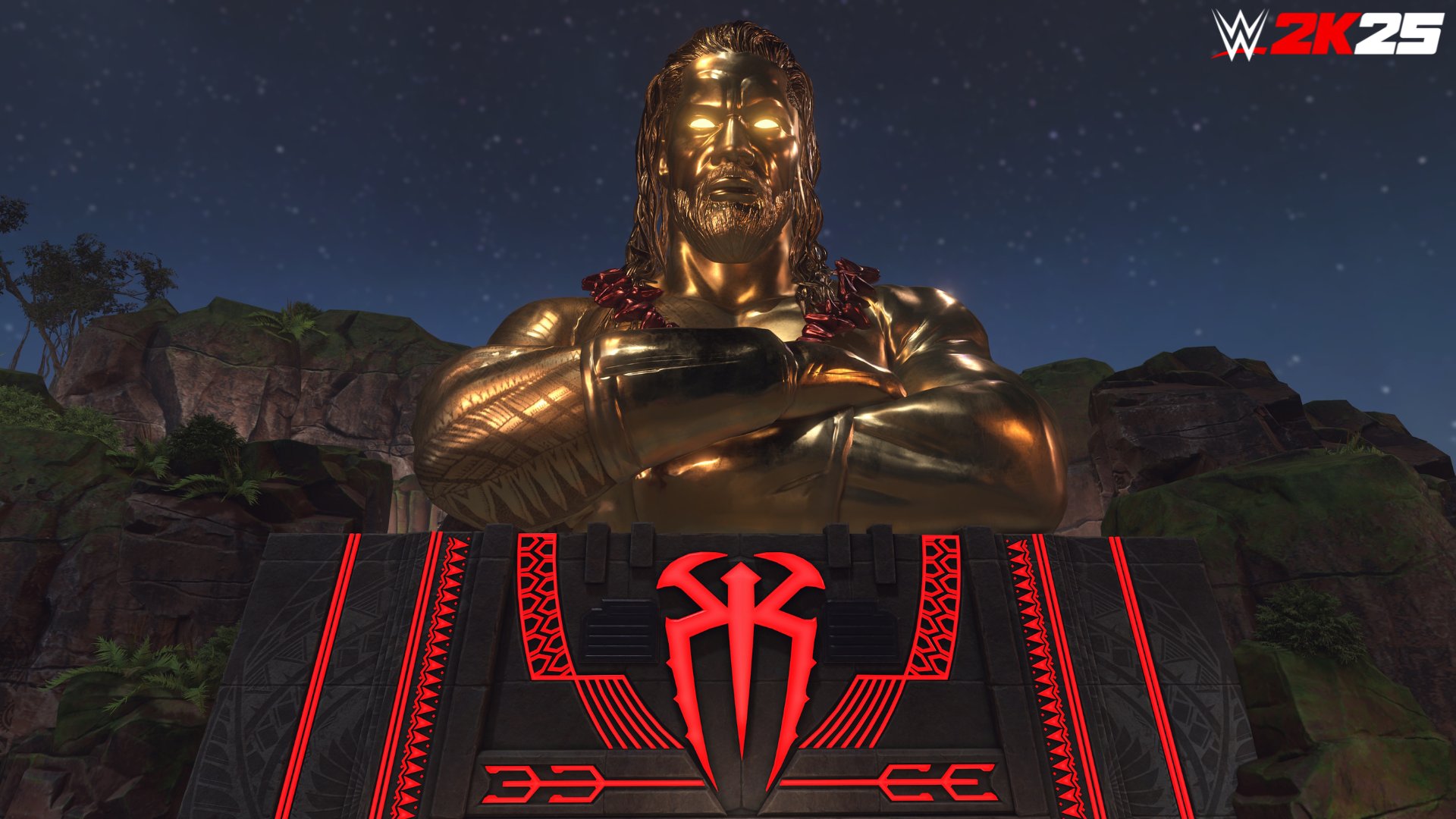 Una statua dorata di un uomo su una piattaforma con un logo rosso e nero.