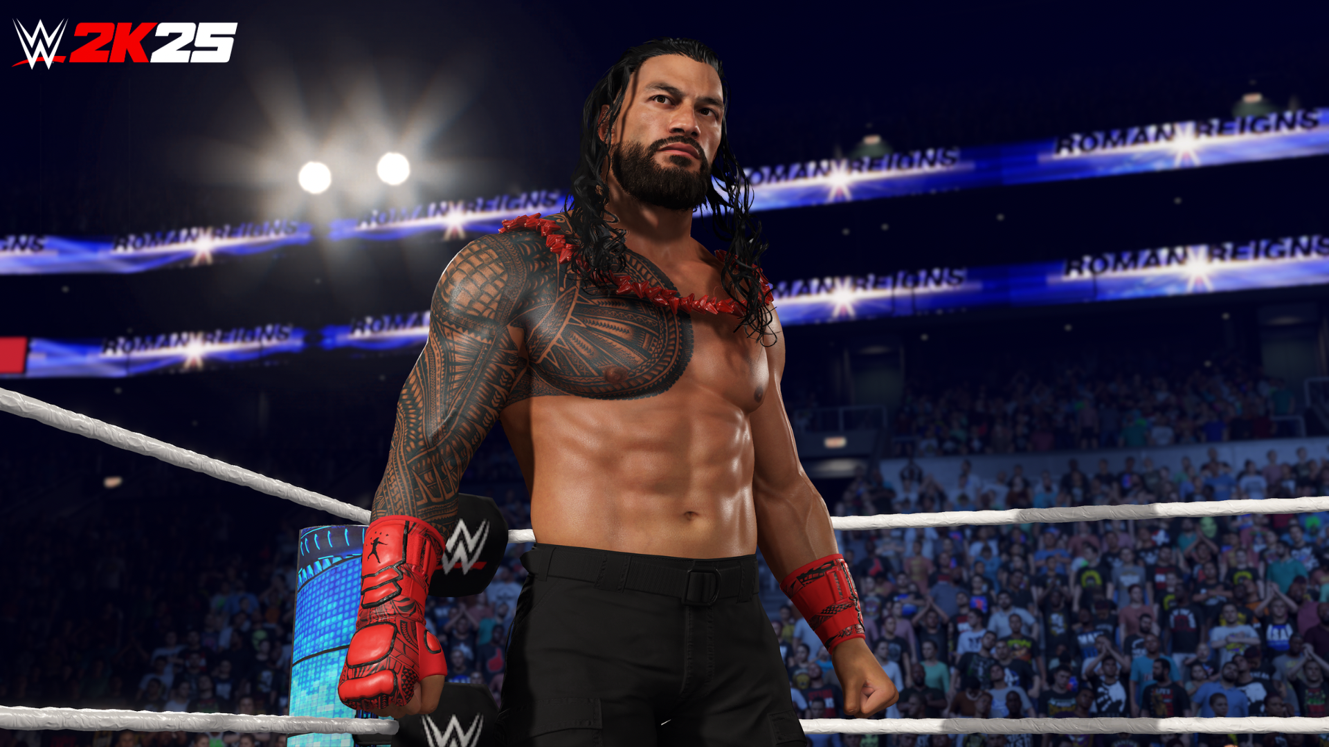 Un lottatore sta in piedi sul ring, guardando la fotocamera. Lo striscione dice WWE 2K25. Lo sfondo è sfocato.