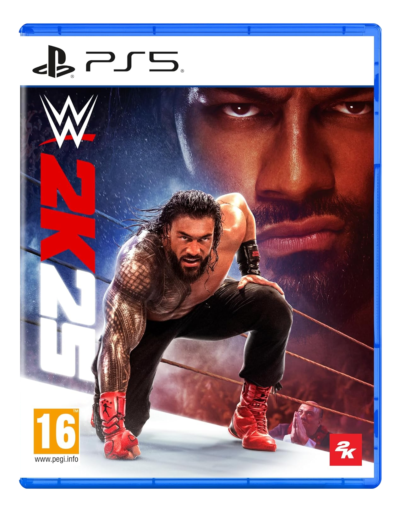WWE 2K23 Spielcover. Roman Reigns, Wrestling-Pose. PS5-Logo. Altersfreigabe '16'.