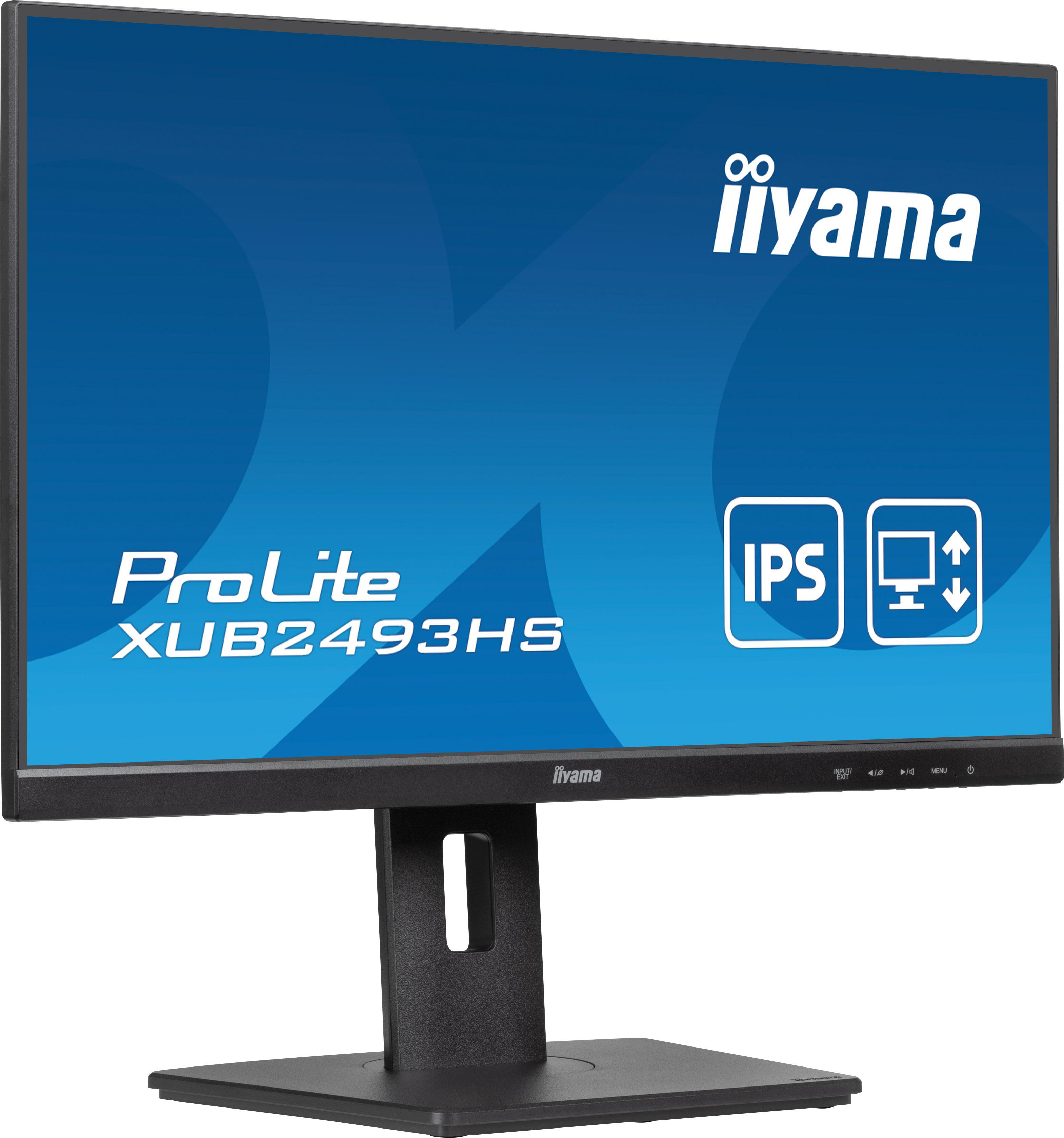 Schwarzer Monitor mit blauem Display mit Text. Weißes Iiyama-Logo.