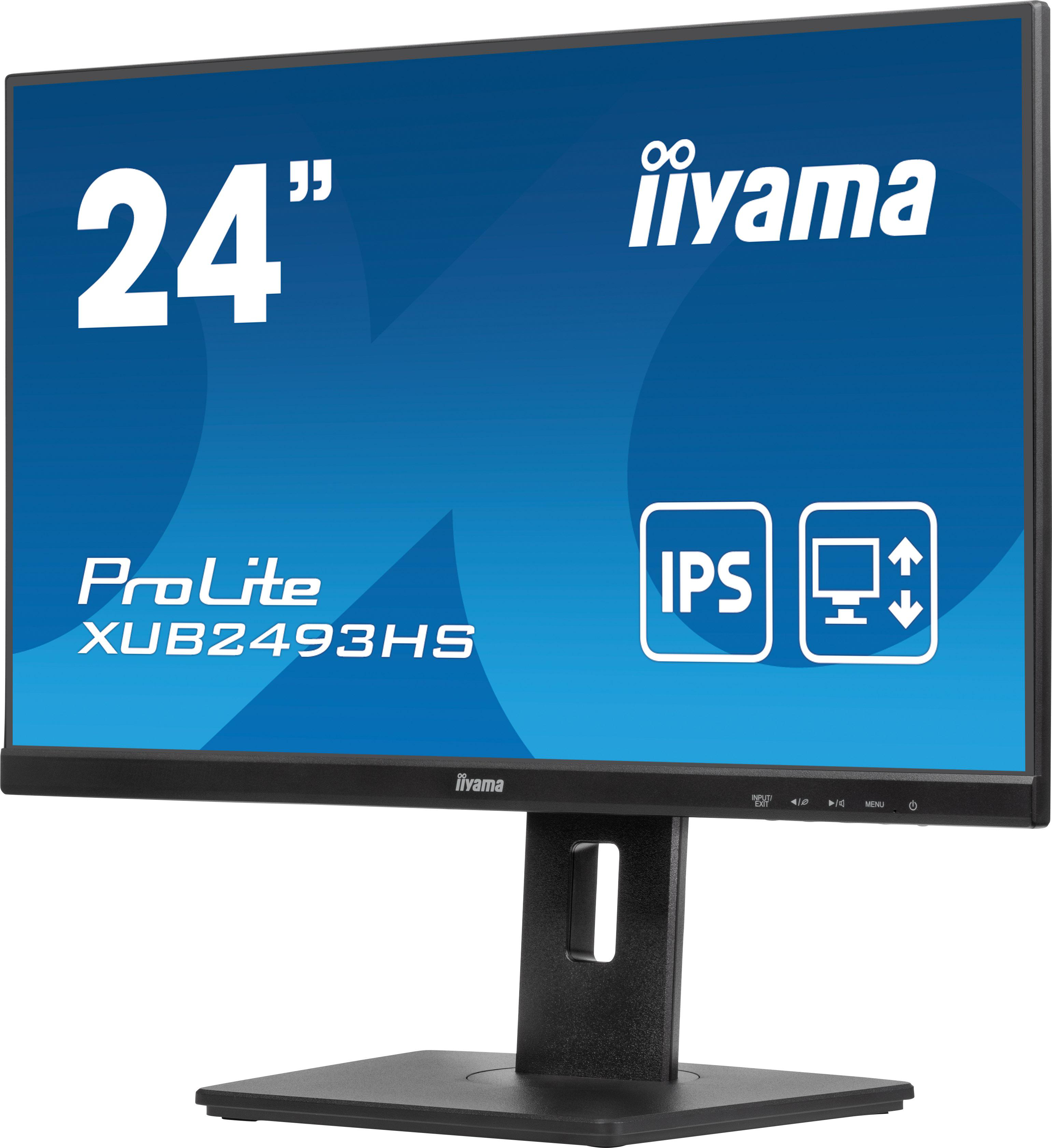 24" iiyama ProLite XUB2493HS Monitor. Anzeige mit Text, Logo und Bildschirmsymbolen.