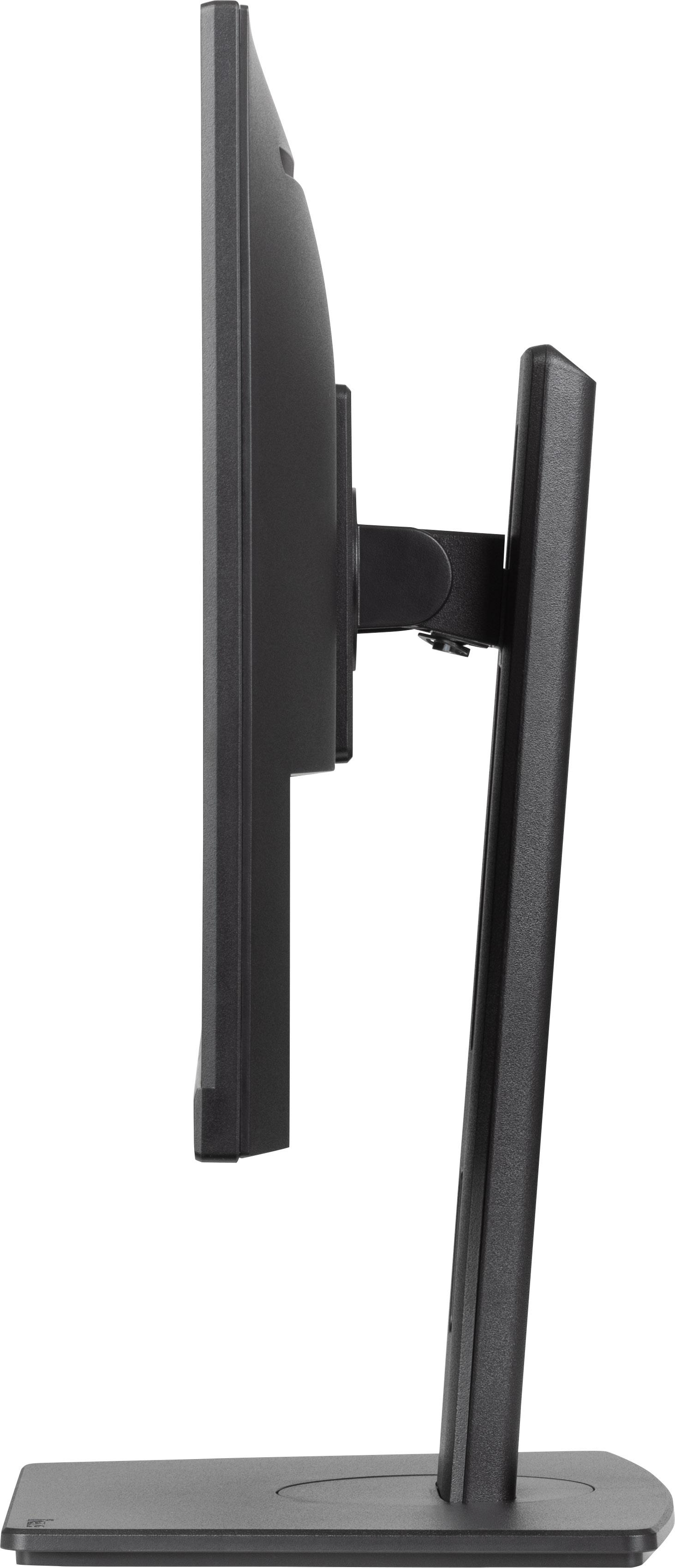 Seitenansicht eines schwarzen Computermonitors auf einem Ständer.