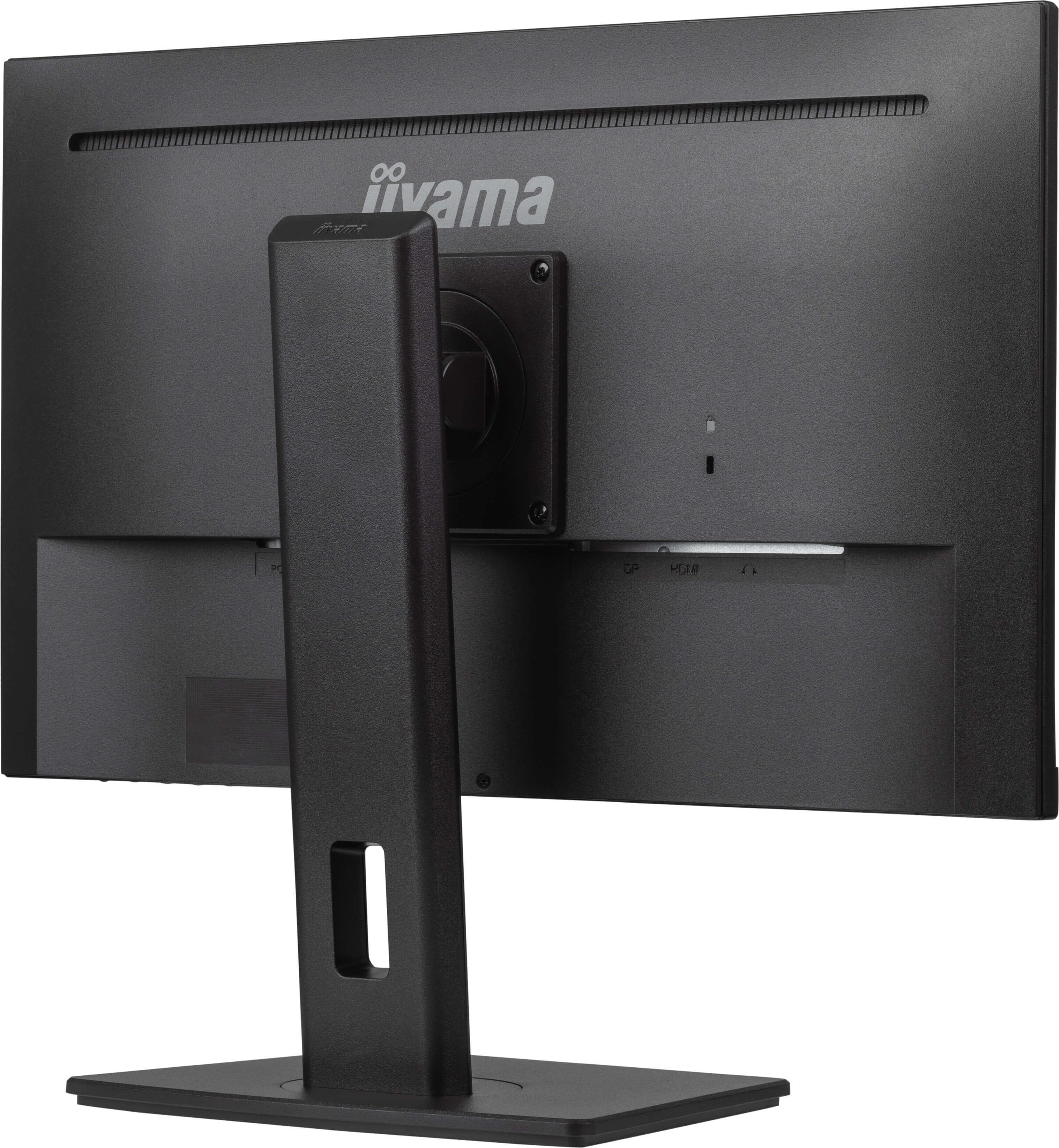 Rückansicht eines schwarzen Computermonitors mit Ständer.