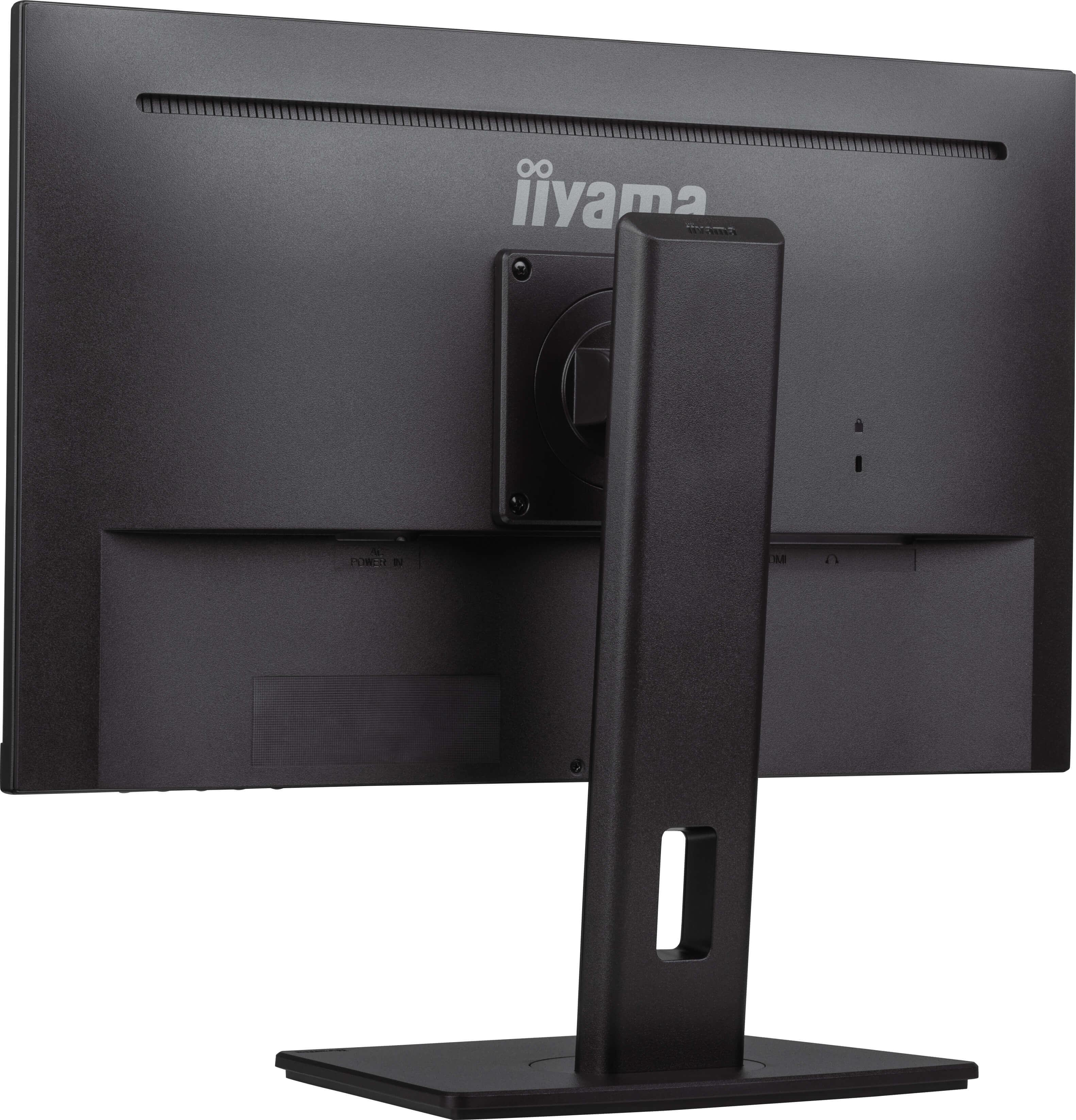 Rückseite eines schwarzen Computermonitors mit Ständer. Iiyama-Logo.
