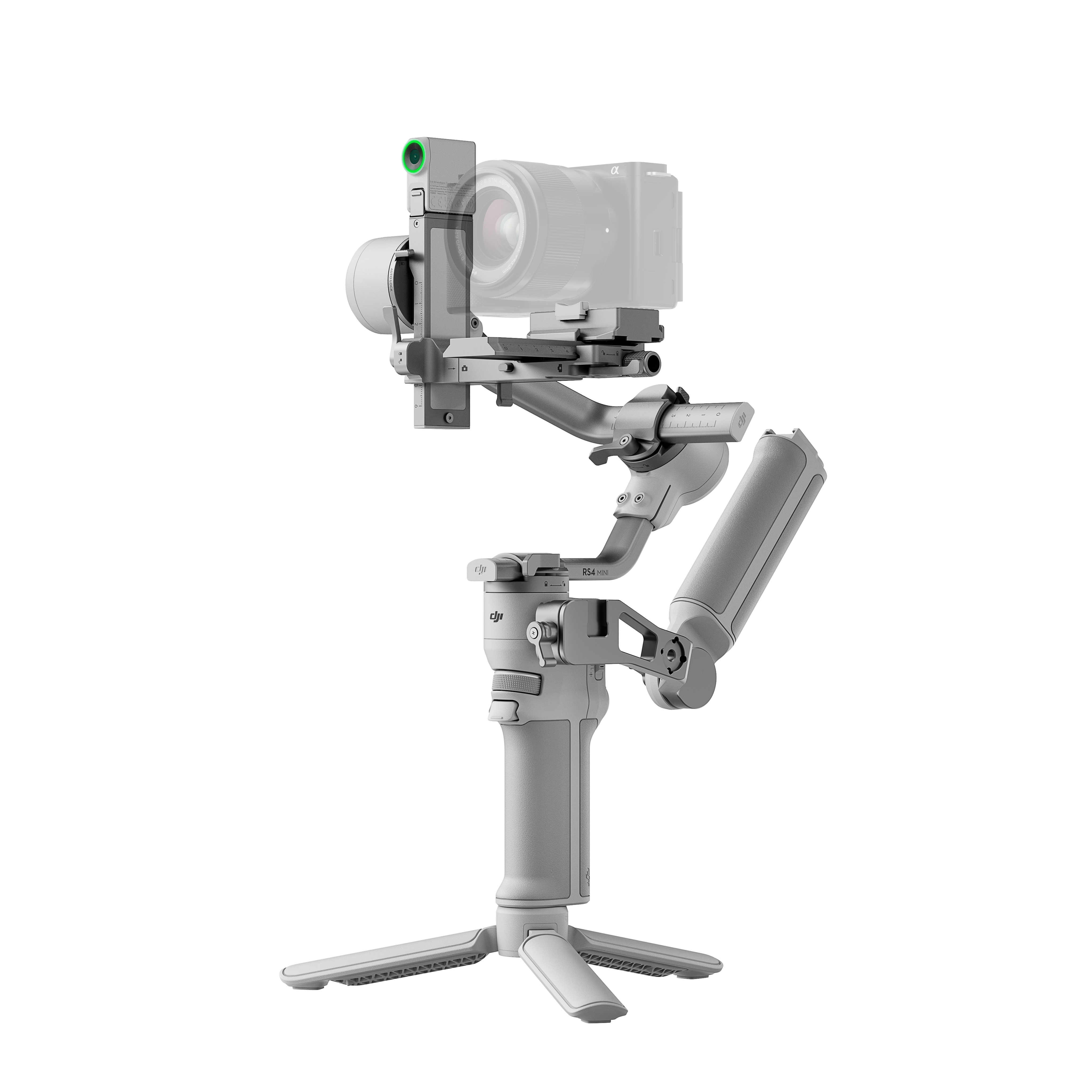 Kamera montiert auf einem Gimbal mit Stativ, isoliert auf Schwarz.