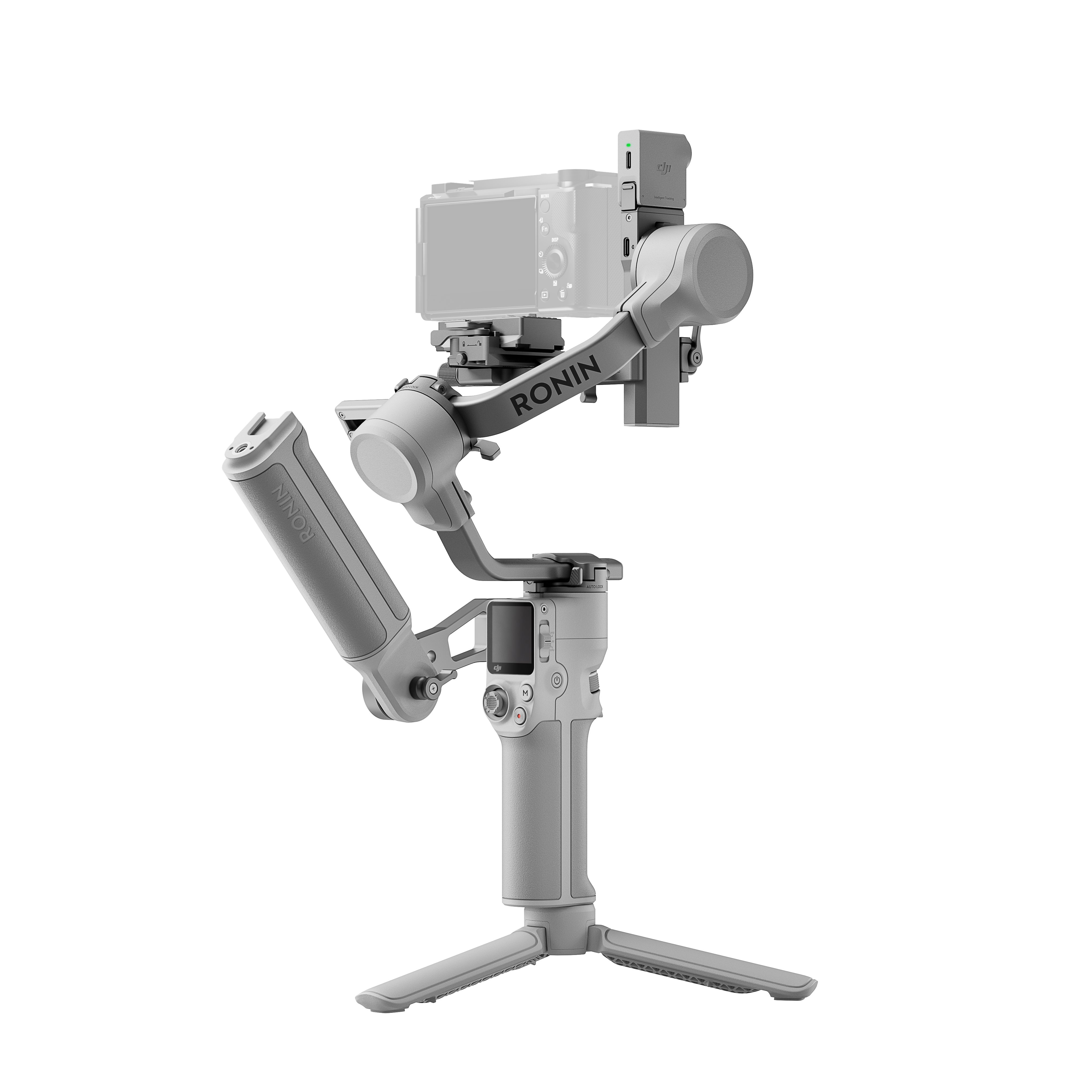 Kamera- und Mikrofon-Setup auf einem Stabilisator montiert, vor schwarzem Hintergrund.