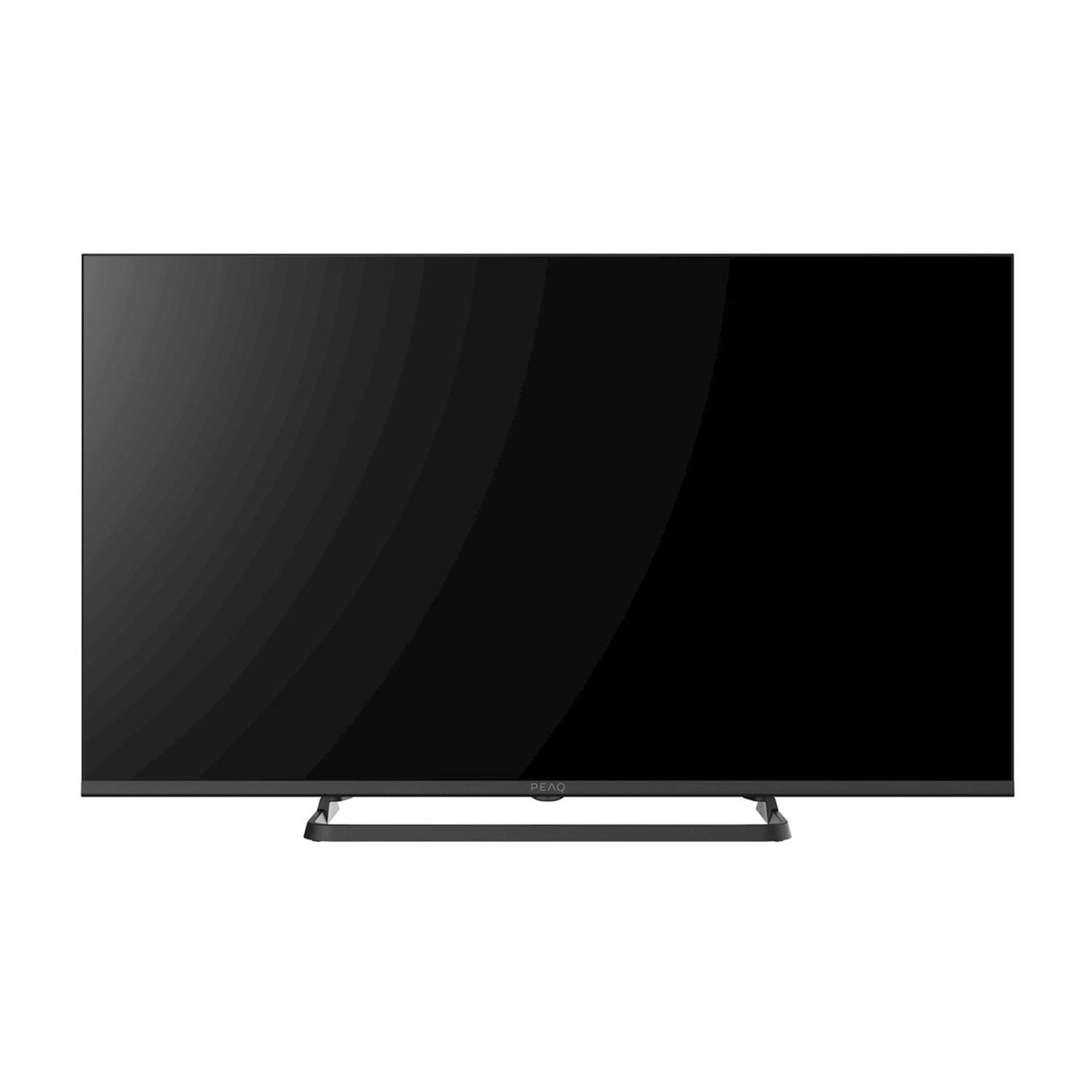 Una TV PEAQ nera su un supporto, che mostra uno schermo nero.