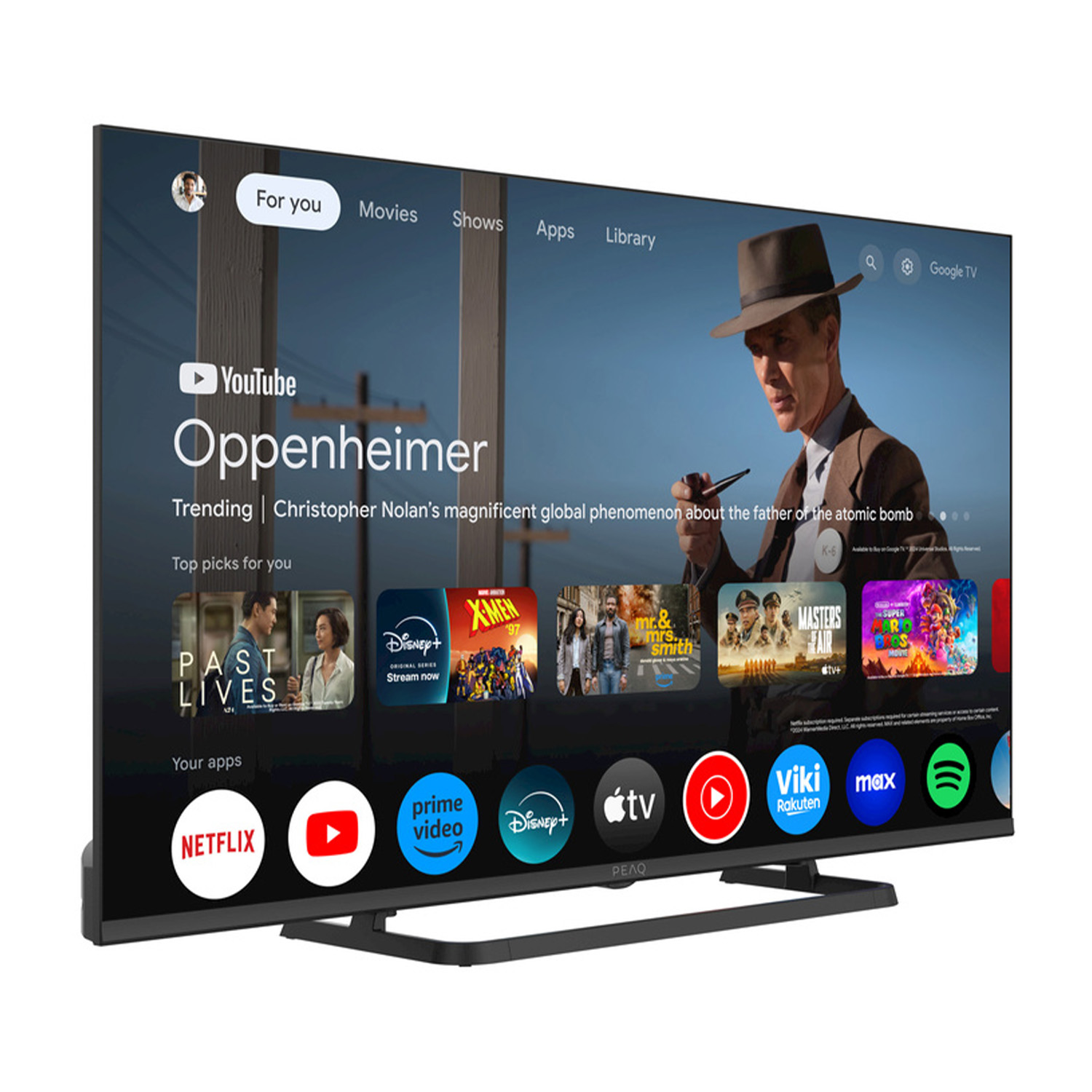 TV a schermo piatto che mostra un'interfaccia di film con varie icone di app.