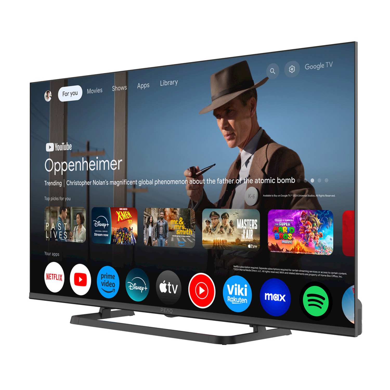 Schermo TV con la parola Oppenheimer, che mostra diverse app e miniature.