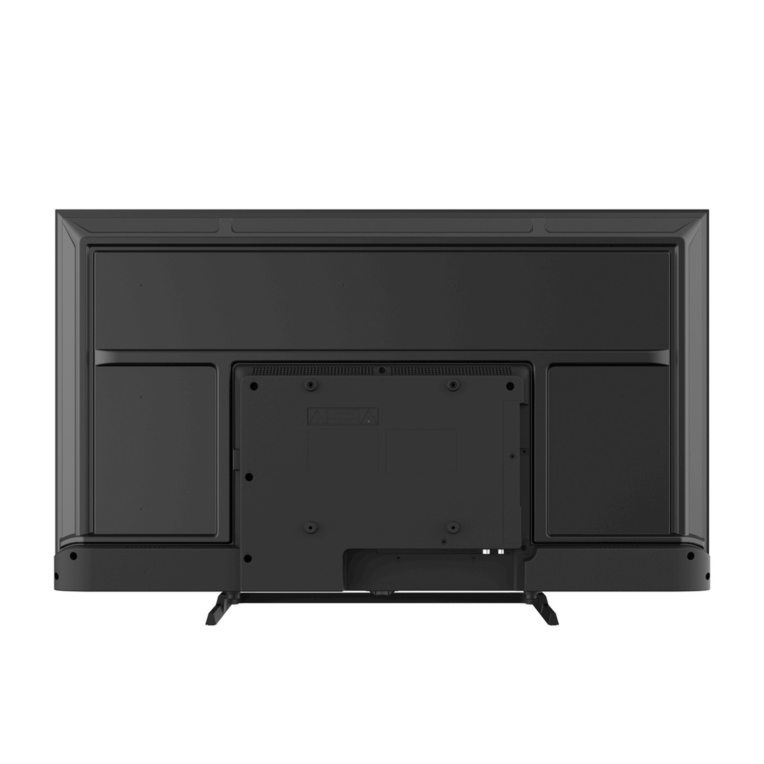 TV nero, vista posteriore. Ha porte e un supporto.