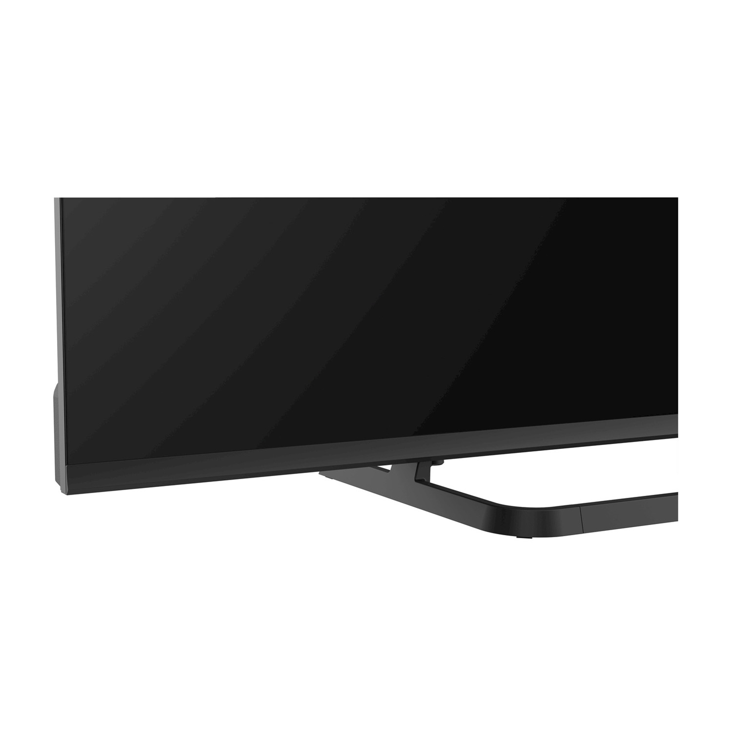 Schermo TV nero con supporto.