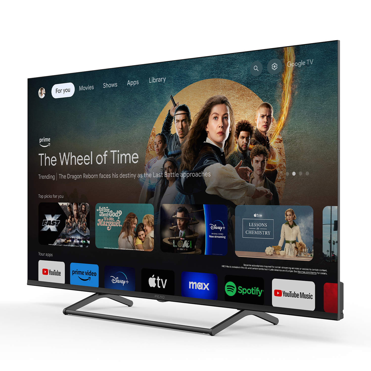 Un televisore a schermo piatto che mostra un'interfaccia utente. Mostra film, programmi, app e altro.