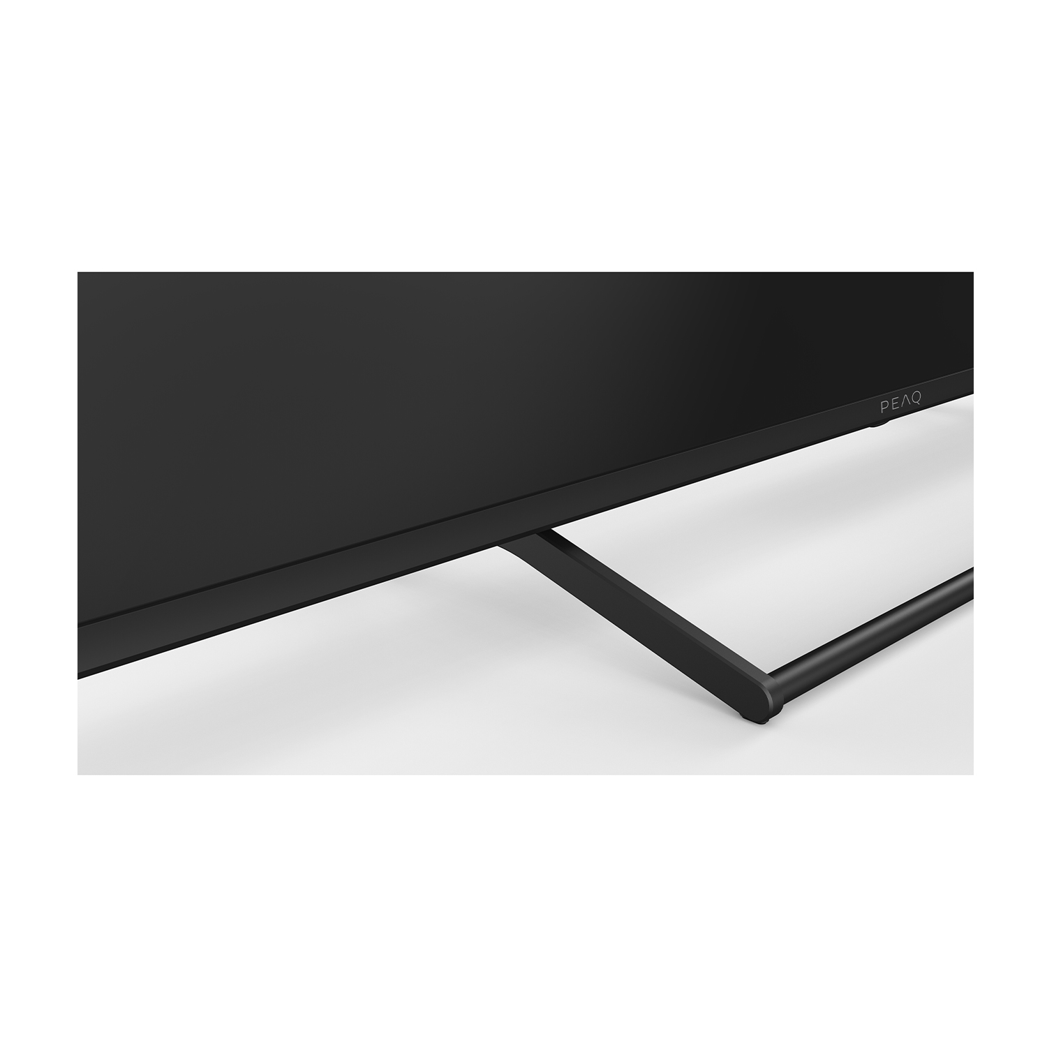 Base TV nera. Il supporto TV è nero e ha un design semplice e moderno.