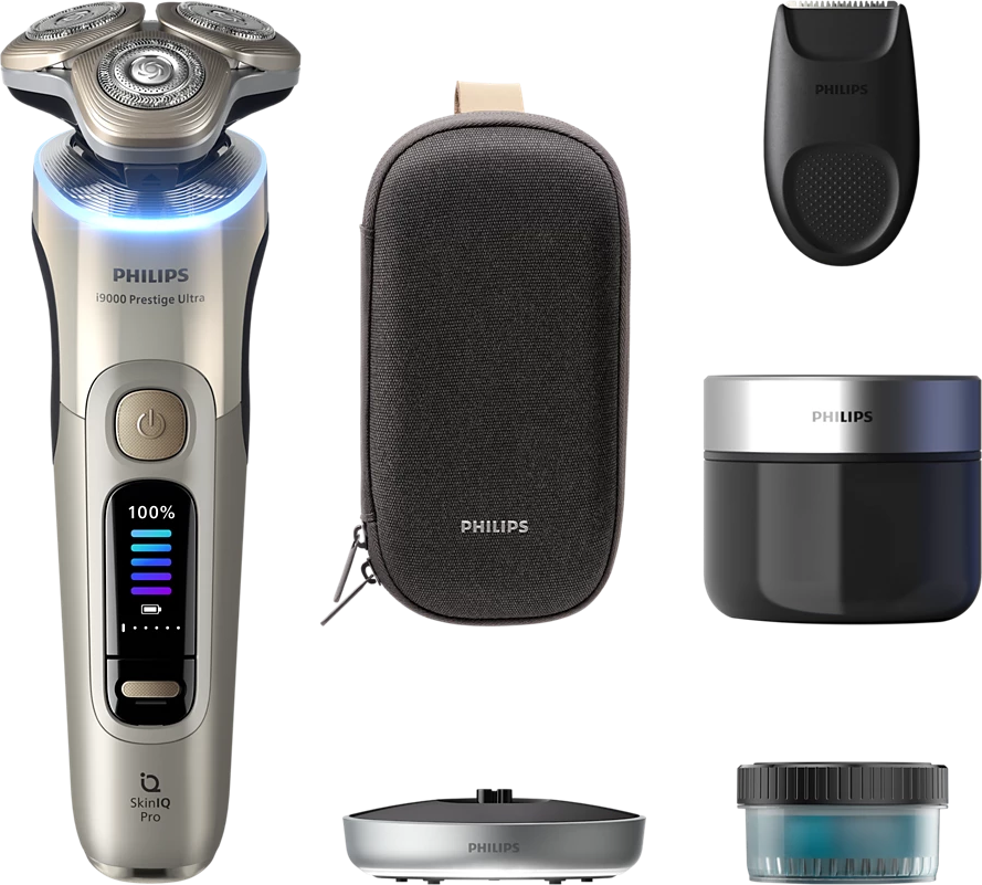 Philips i9000 Prestige Ultra elektromos borotva tartozékokkal, utazótokkal és tisztító egységgel.