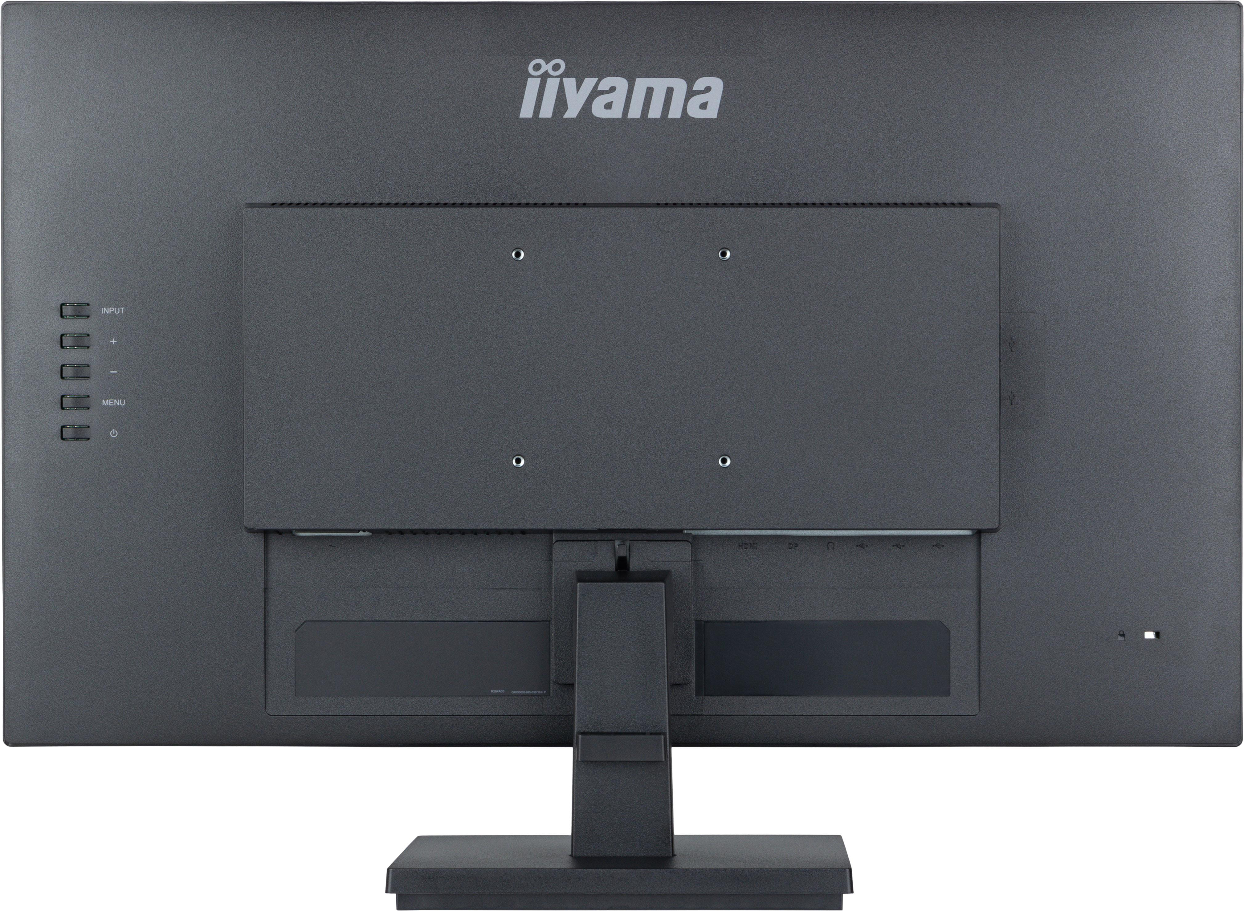 Die Rückseite eines schwarzen Iiyama-Computermonitors.