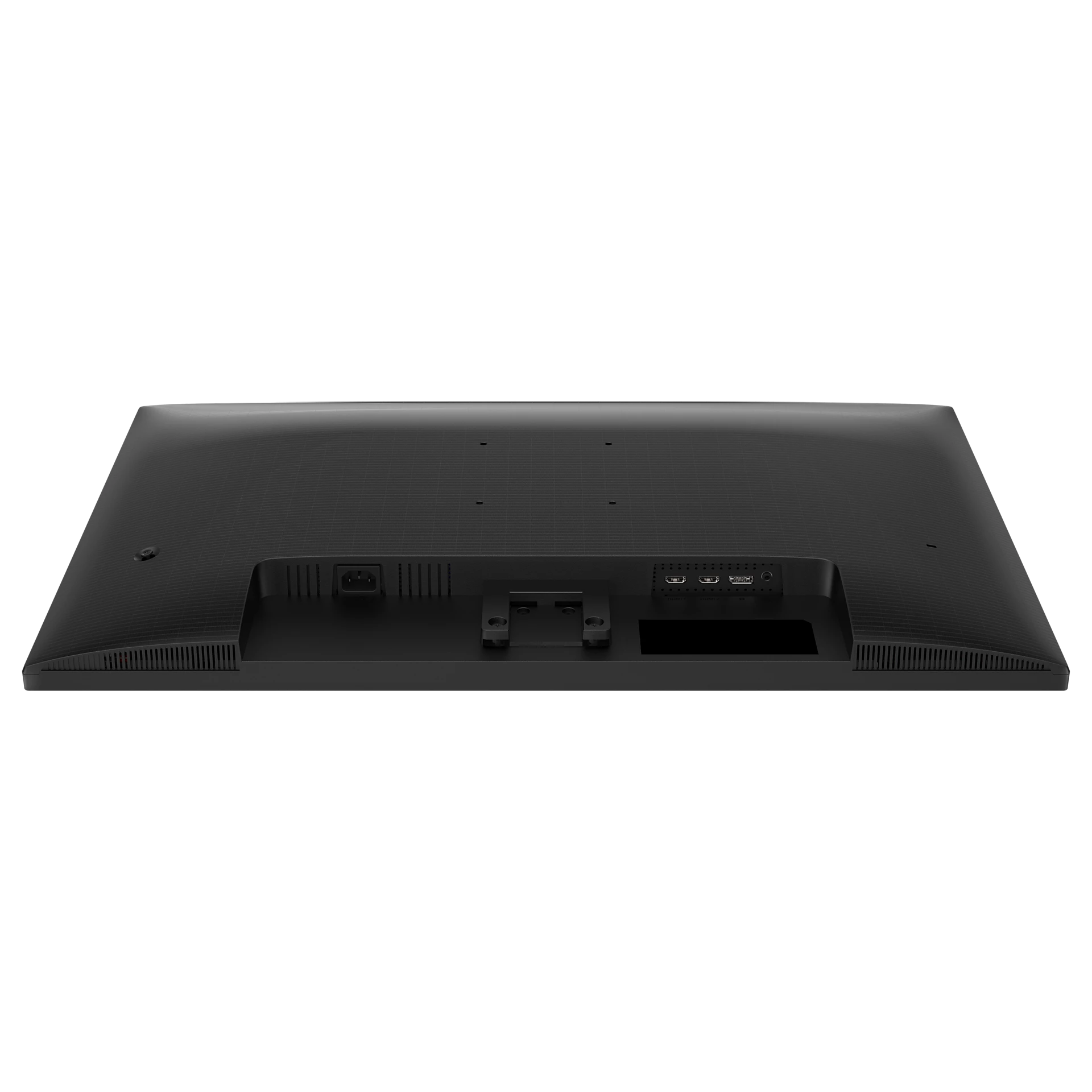 Parte trasera de un monitor de computadora negro con puertos y conexiones de alimentación visibles.