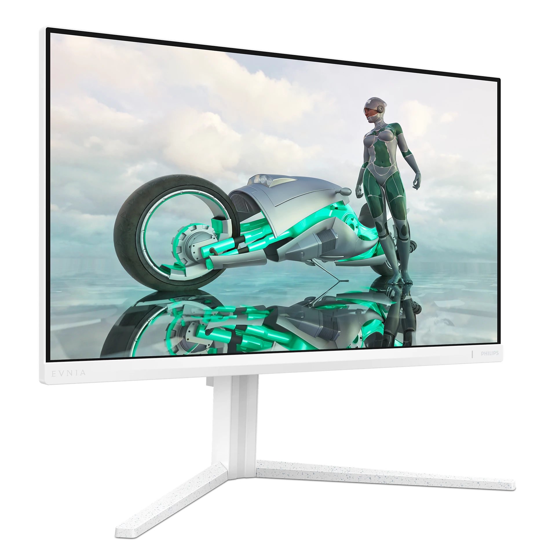 Monitor blanco con una escena de ciencia ficción futurista; una mujer, una moto, cielo.