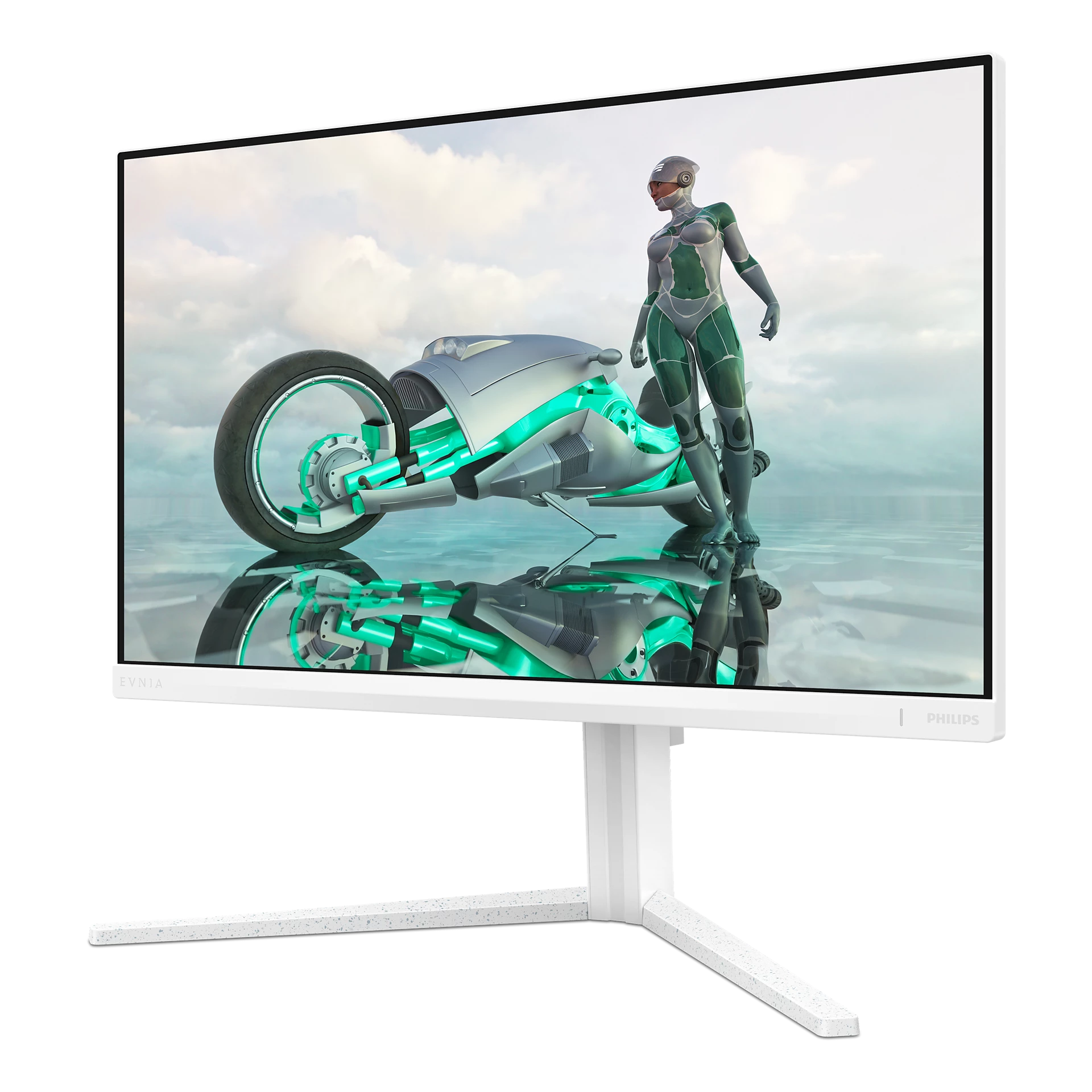 Monitor blanco con diseño futurista, mujer y moto.