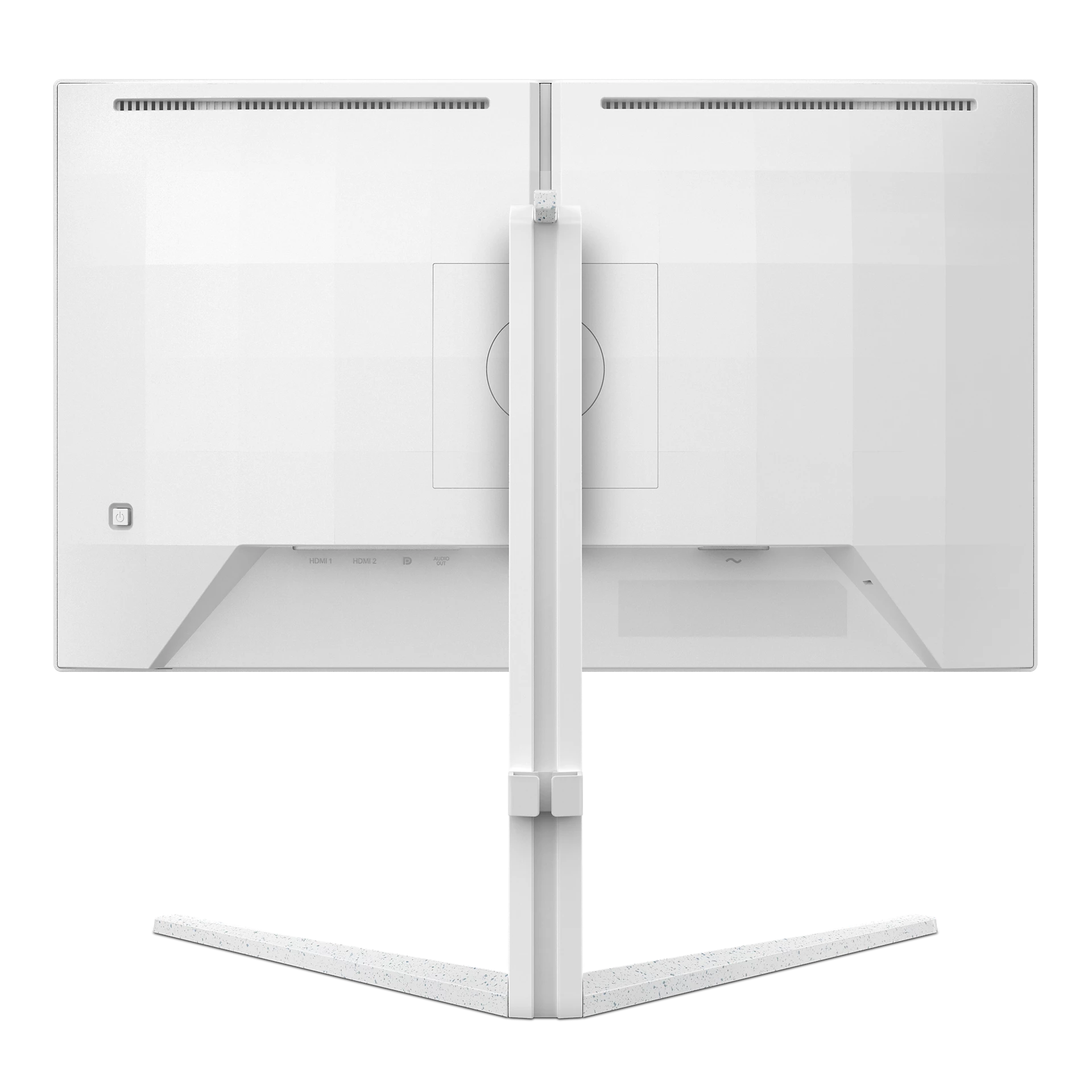 La parte posterior de un monitor de computadora blanco con un soporte ajustable.