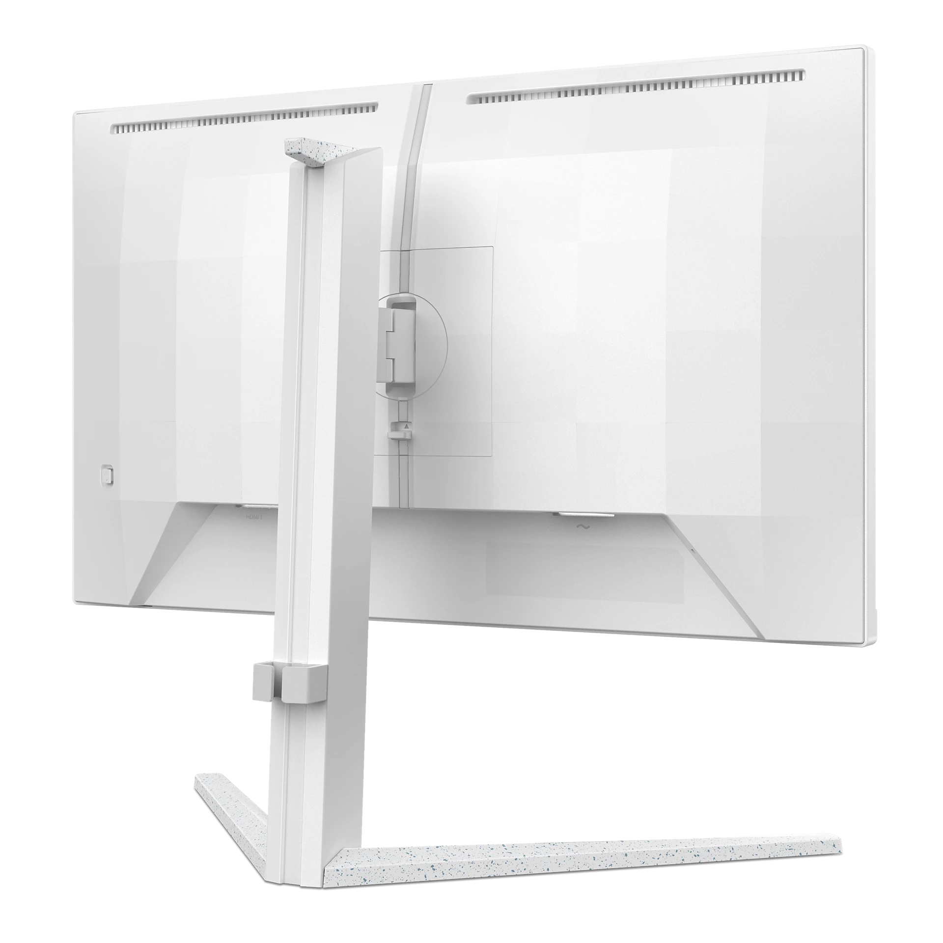 Vista trasera de un monitor de computadora blanco sobre un soporte blanco. El soporte tiene un diseño moteado.
