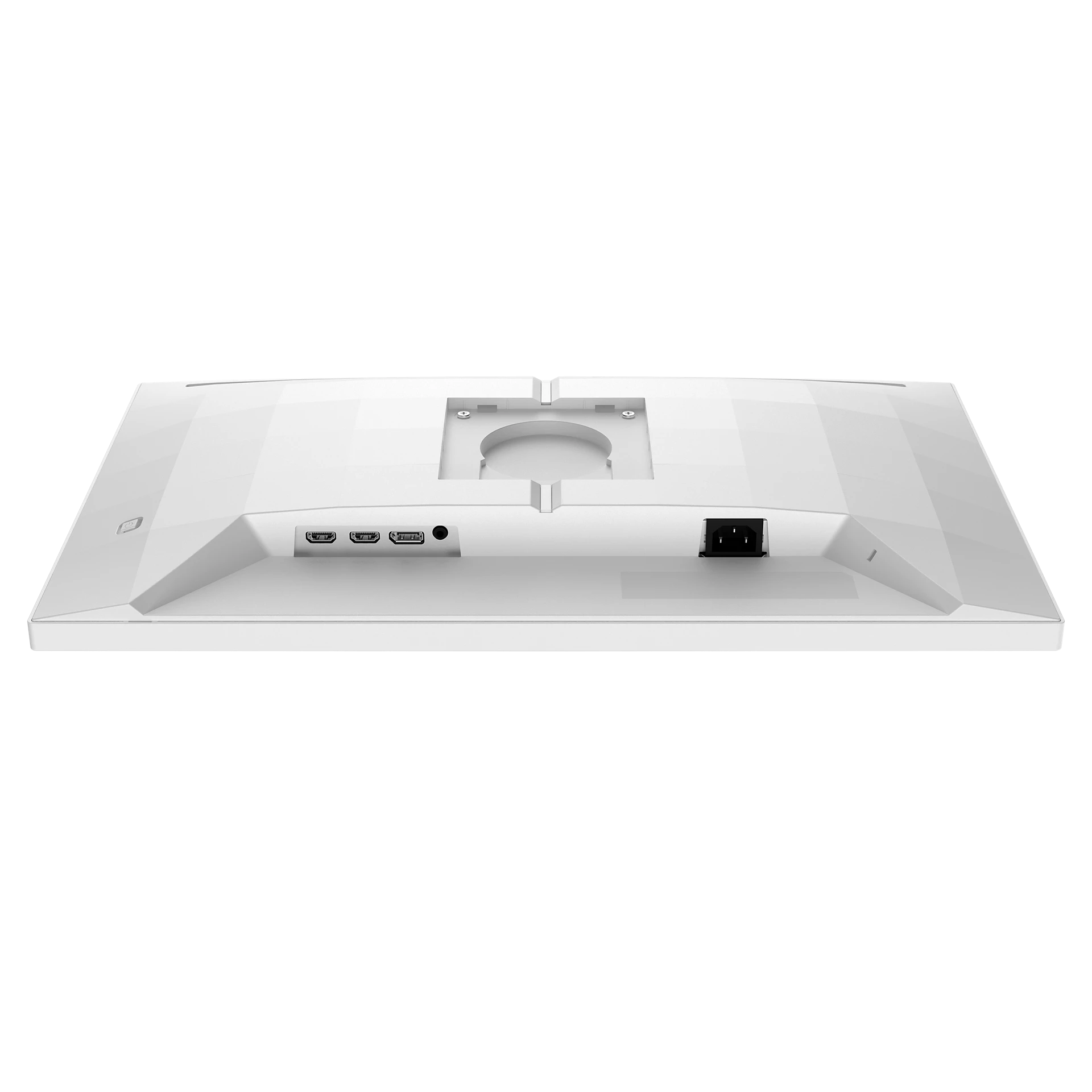 Vista trasera de un monitor de computadora blanco, que muestra puertos y un conector de alimentación.