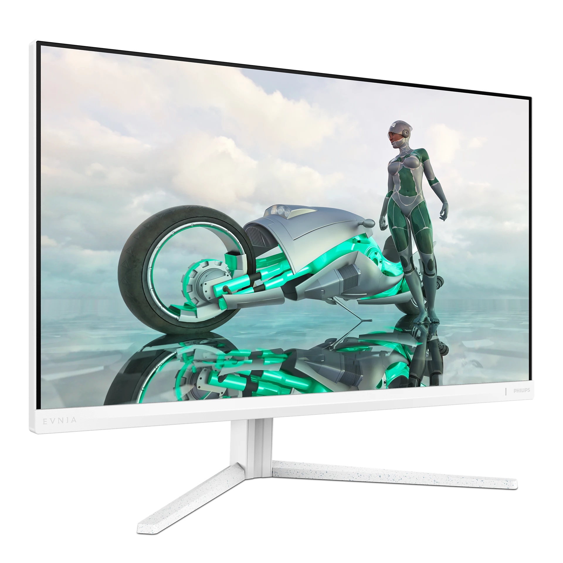 Un monitor blanco que muestra una escena futurista, con una mujer y un vehículo sobre una superficie reflectante.