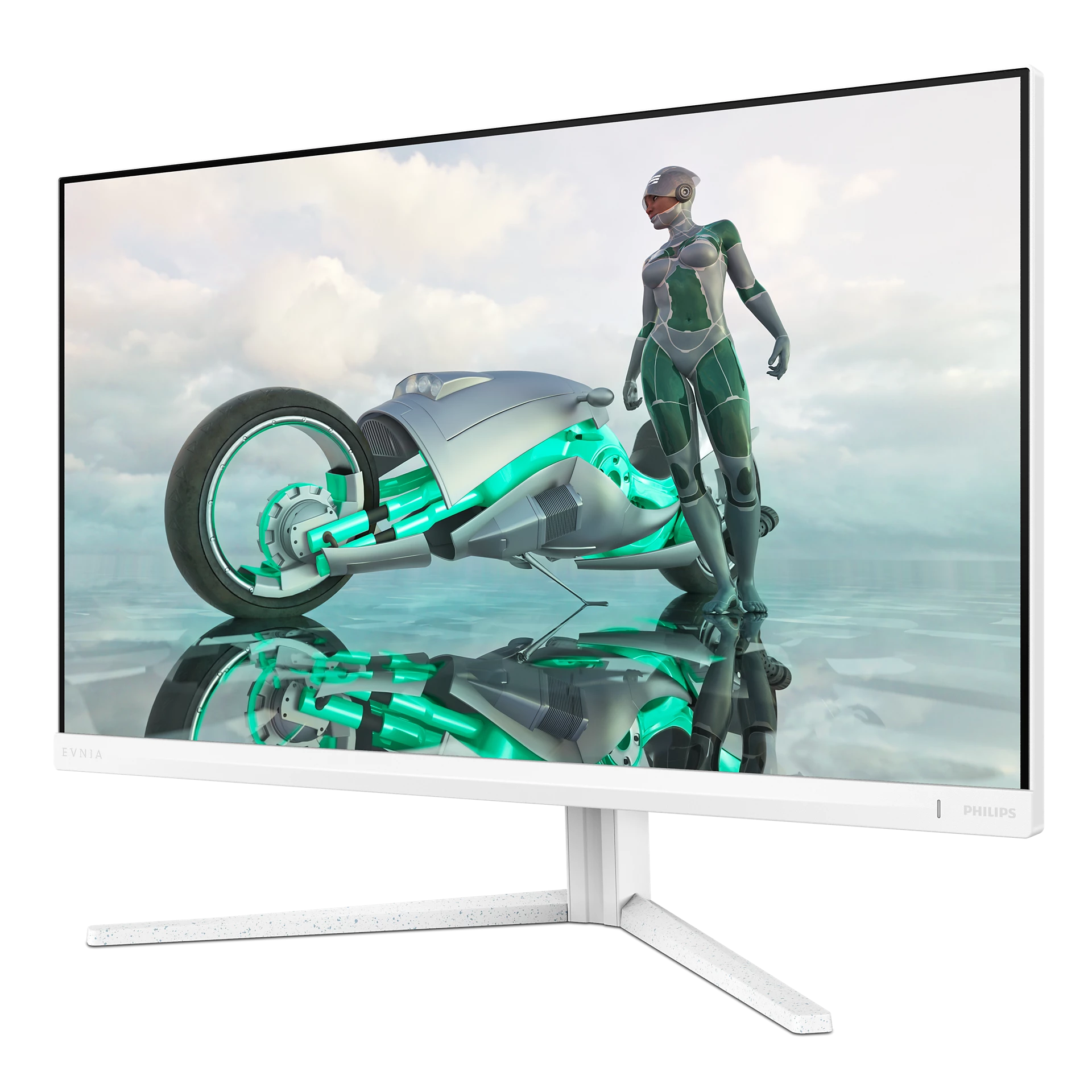 Una escena futurista en un monitor. Una mujer con un traje verde está junto a una motocicleta futurista. El fondo muestra nubes.