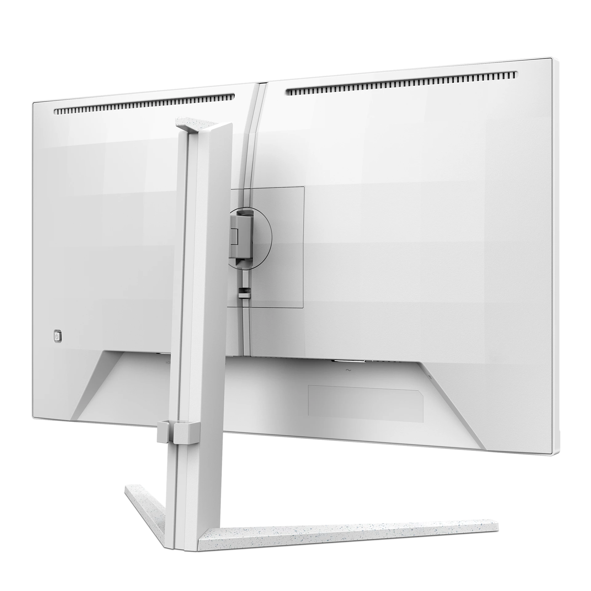 La parte trasera de un monitor de computadora blanco con un soporte. Tiene forma rectangular y un soporte blanco.